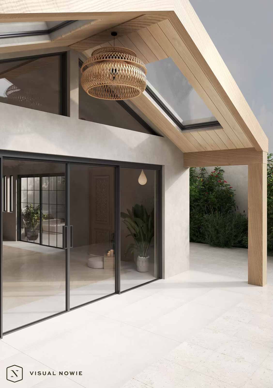 Modern ADU exterior with wood beam overhang, rattan pendant, and biophilic design elements