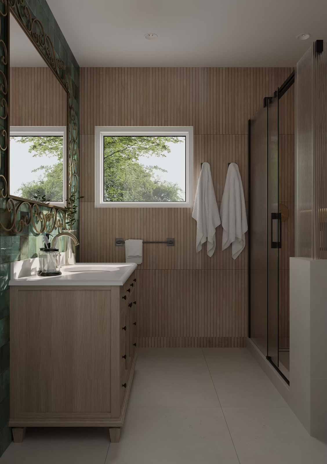 Spa bathroom with wood slat walls, emerald green zellige tile accent, and glass shower