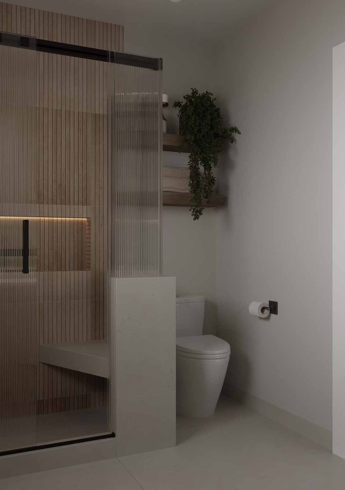 Minimalist bathroom with wood slat shower, ribbed glass door, and floating shelf accent