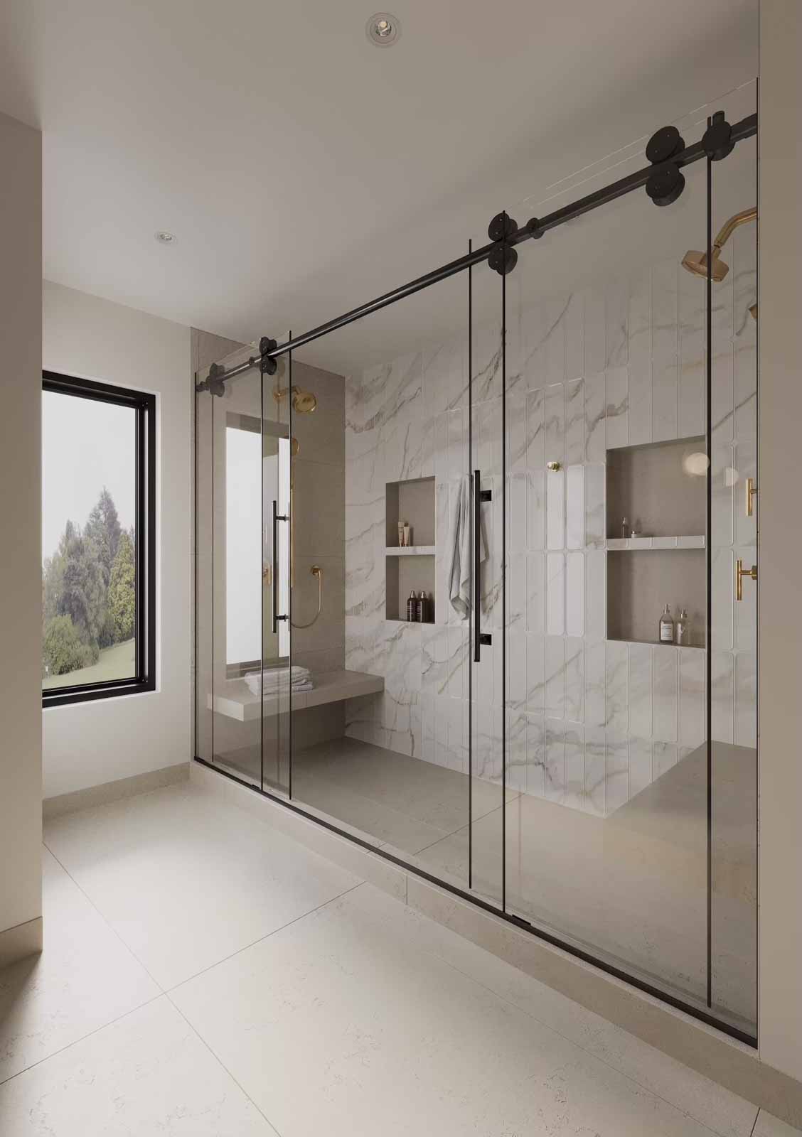 Luxury walk-in shower with calacatta marble, barn door hardware, gold fixtures, and built-in bench