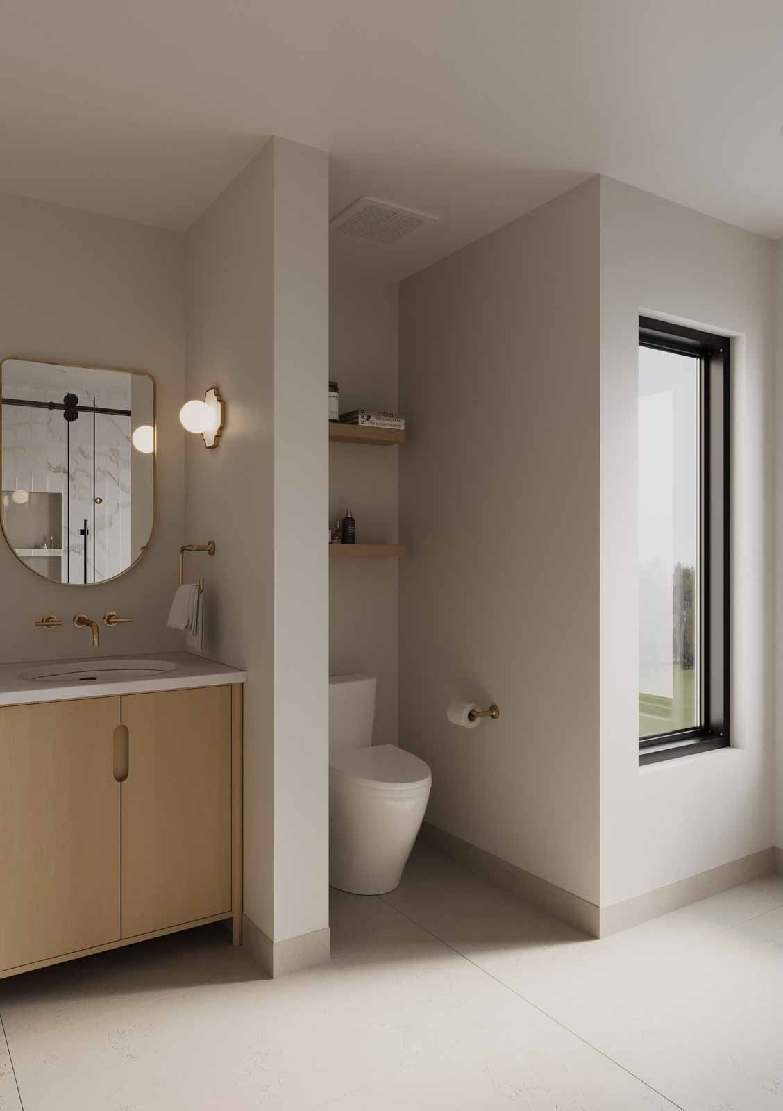 Minimalist bathroom with oak vanity, wall-mounted faucet, quatrefoil sconces, and partitioned toilet