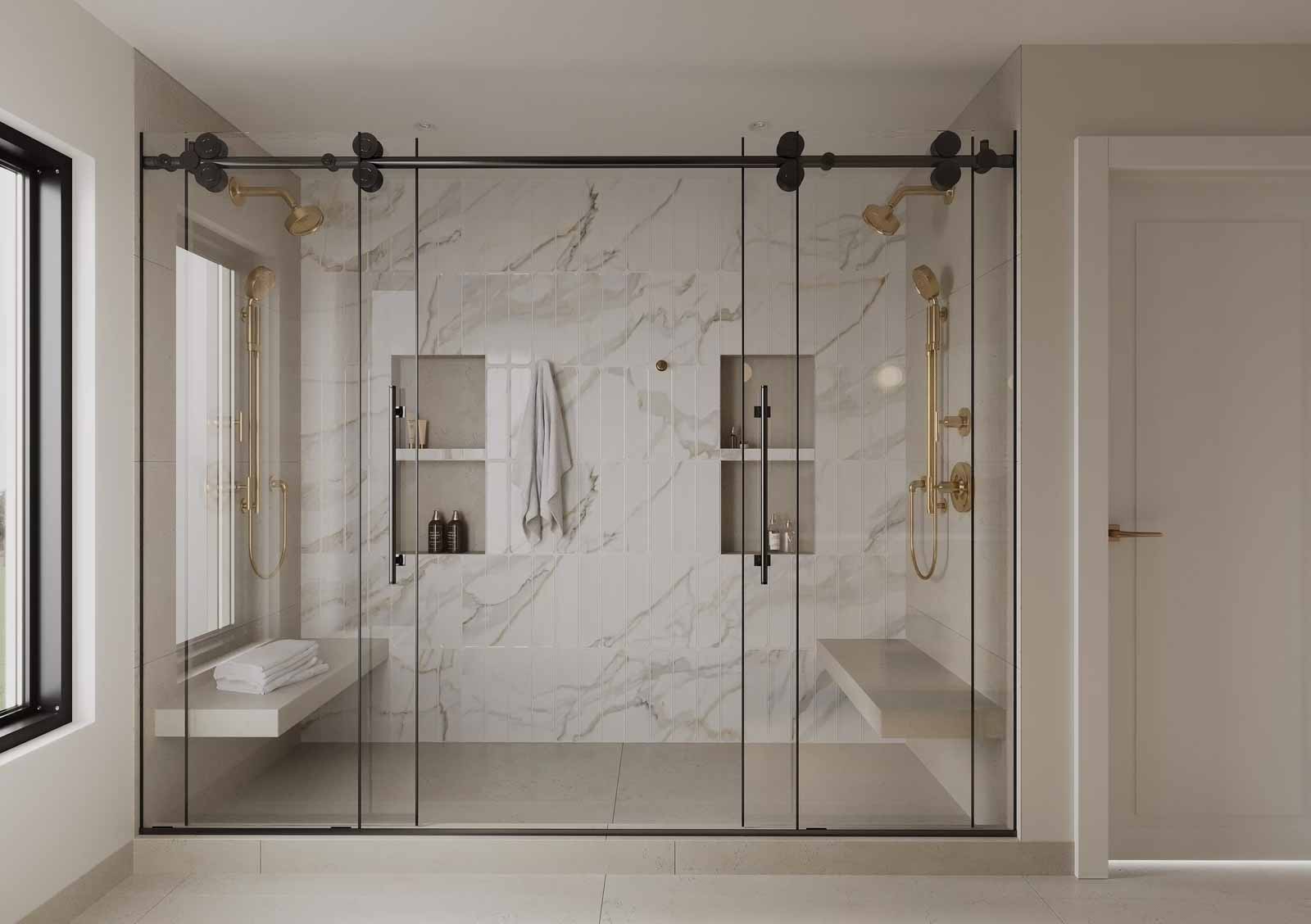 Spa-like double shower with calacatta marble walls, dual rain heads, and glass barn doors