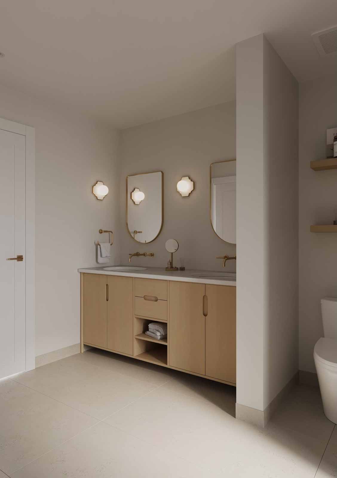 Double vanity bathroom with oak cabinets, asymmetric mirrors, quatrefoil sconces, and open storage