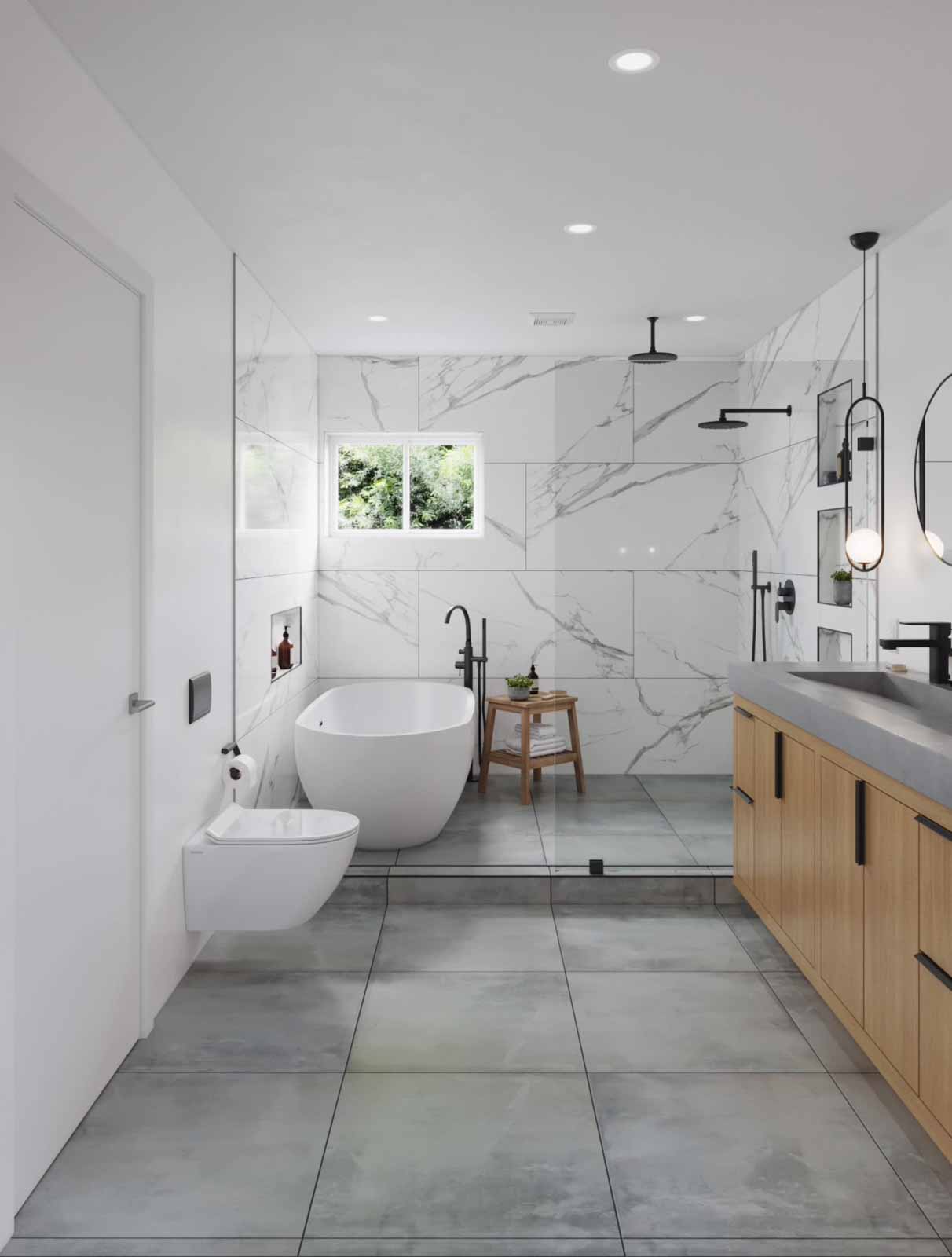 Modern spa bathroom with calacatta marble walls, freestanding tub, and rain shower
