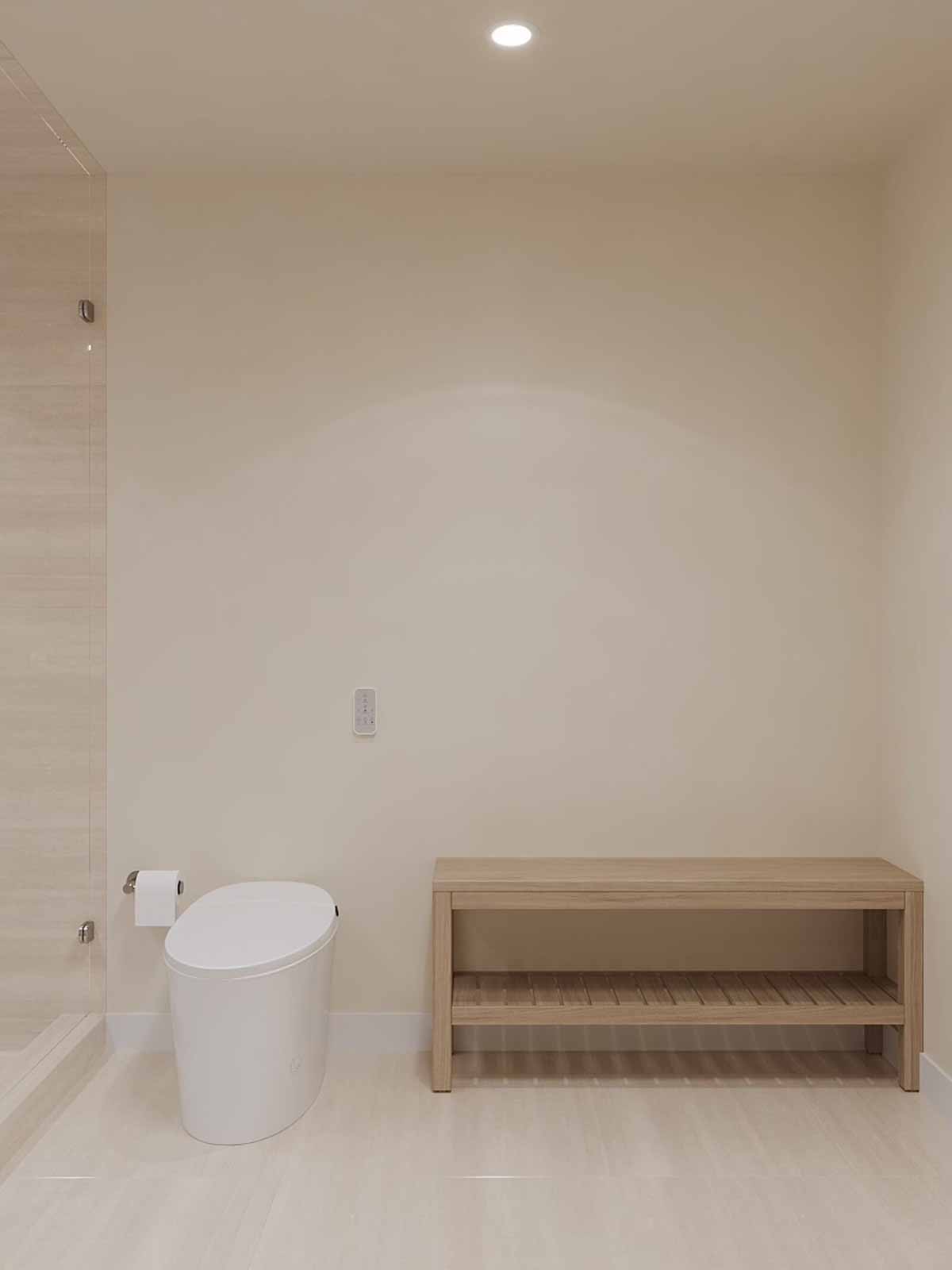Minimalist spa bathroom with smart toilet, wood slat bench, and glass shower partition
