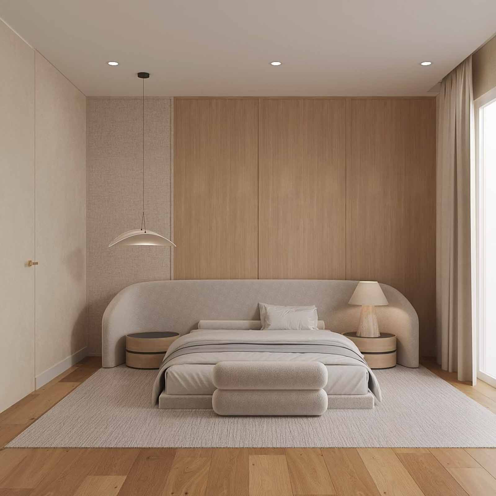 Serene master bedroom with curved headboard, wood panel accent wall, and pendant light