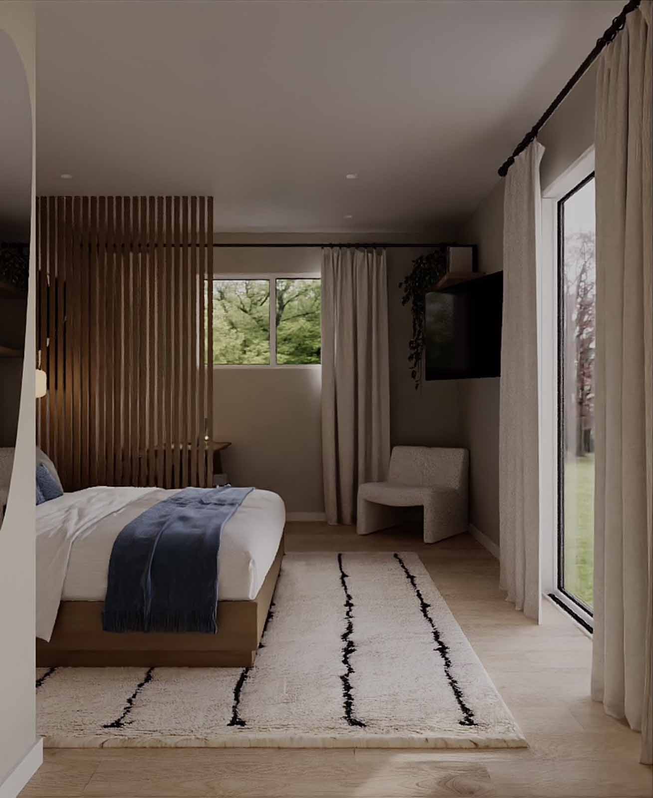 Contemporary bedroom with wood slat room divider, platform bed, and garden views