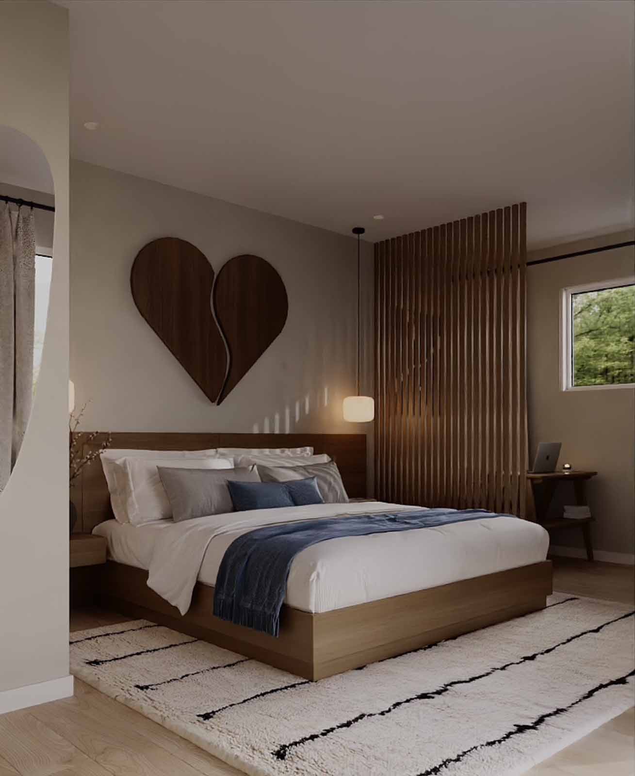 Warm bedroom with walnut heart art, wood slat accent, and cozy neutral bedding