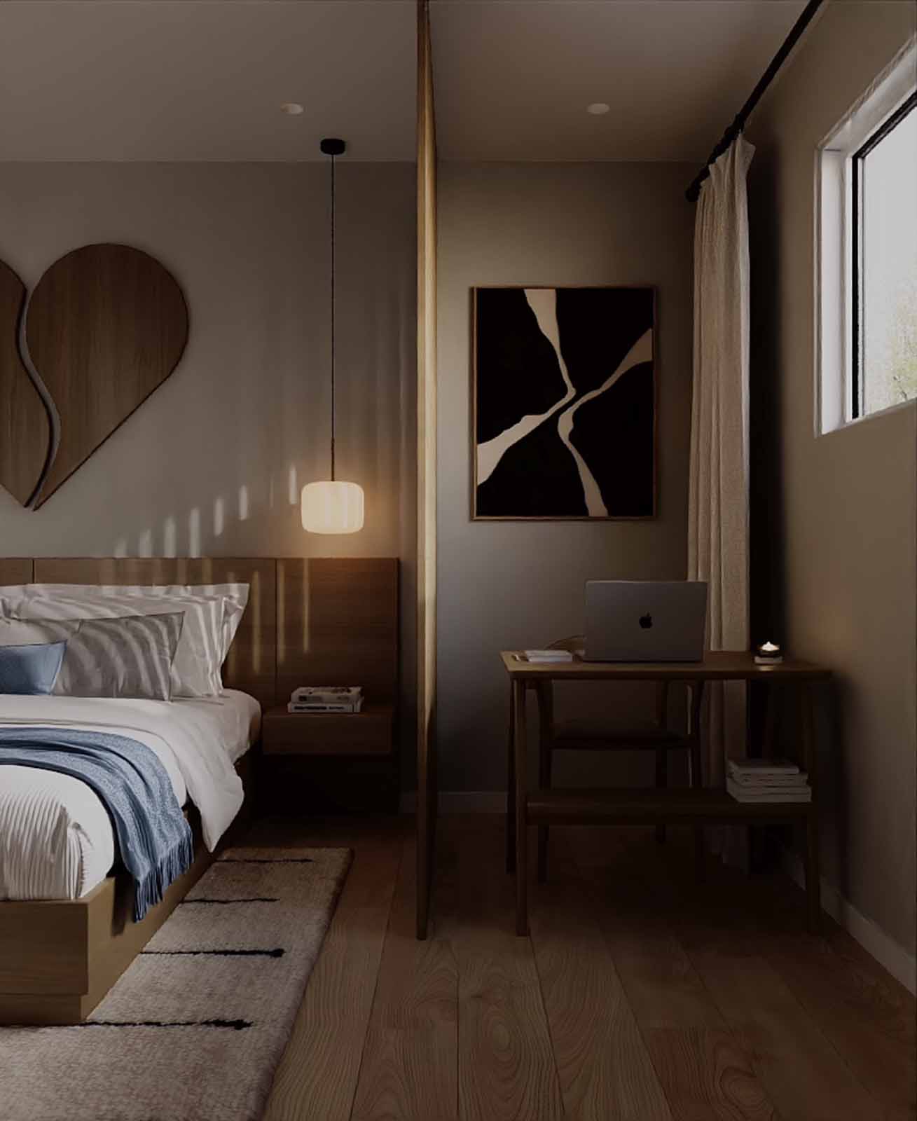 Cozy bedroom with walnut bed frame, abstract art, and integrated desk nook