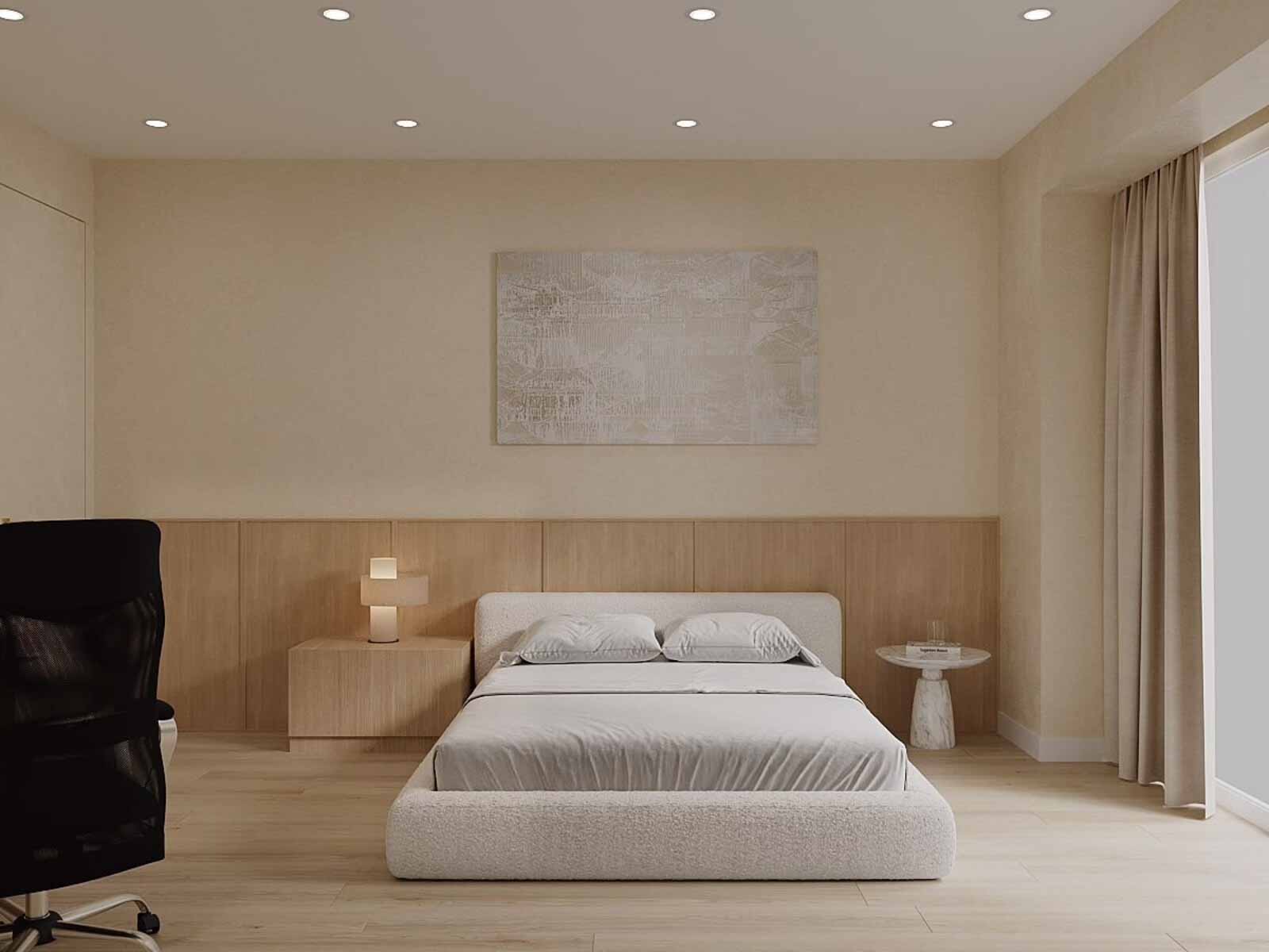 Minimalist bedroom with oak headboard wall, abstract art, and sculptural table lamp