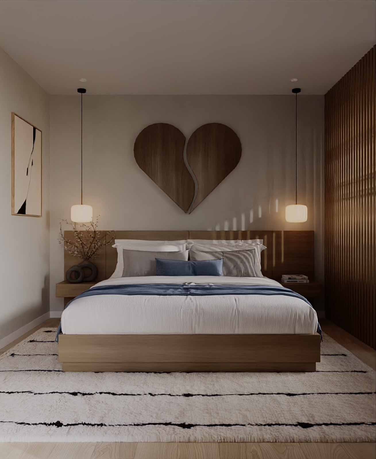 Romantic bedroom with walnut heart art, wood slat accent, pendant lights, and platform bed