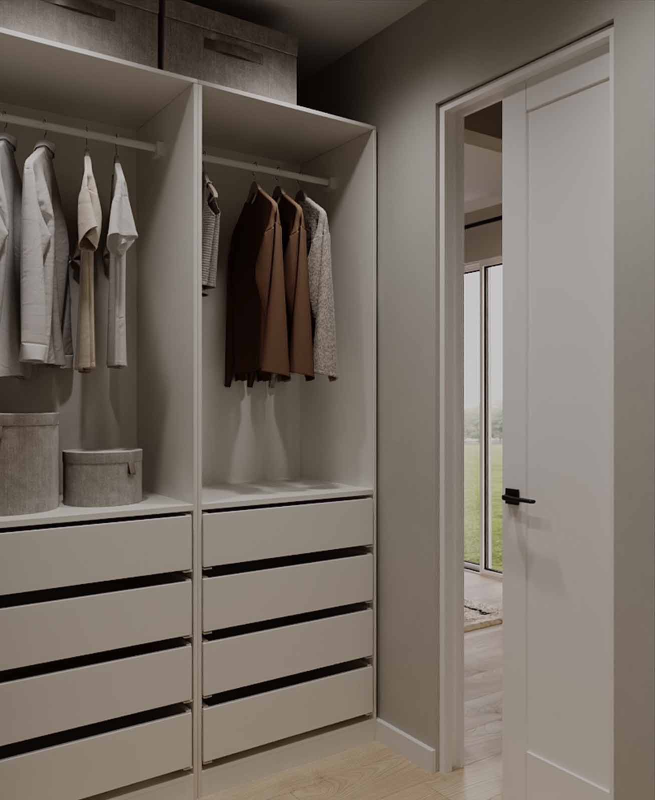 Walk-in closet with custom built-ins, double hang sections, and integrated drawers