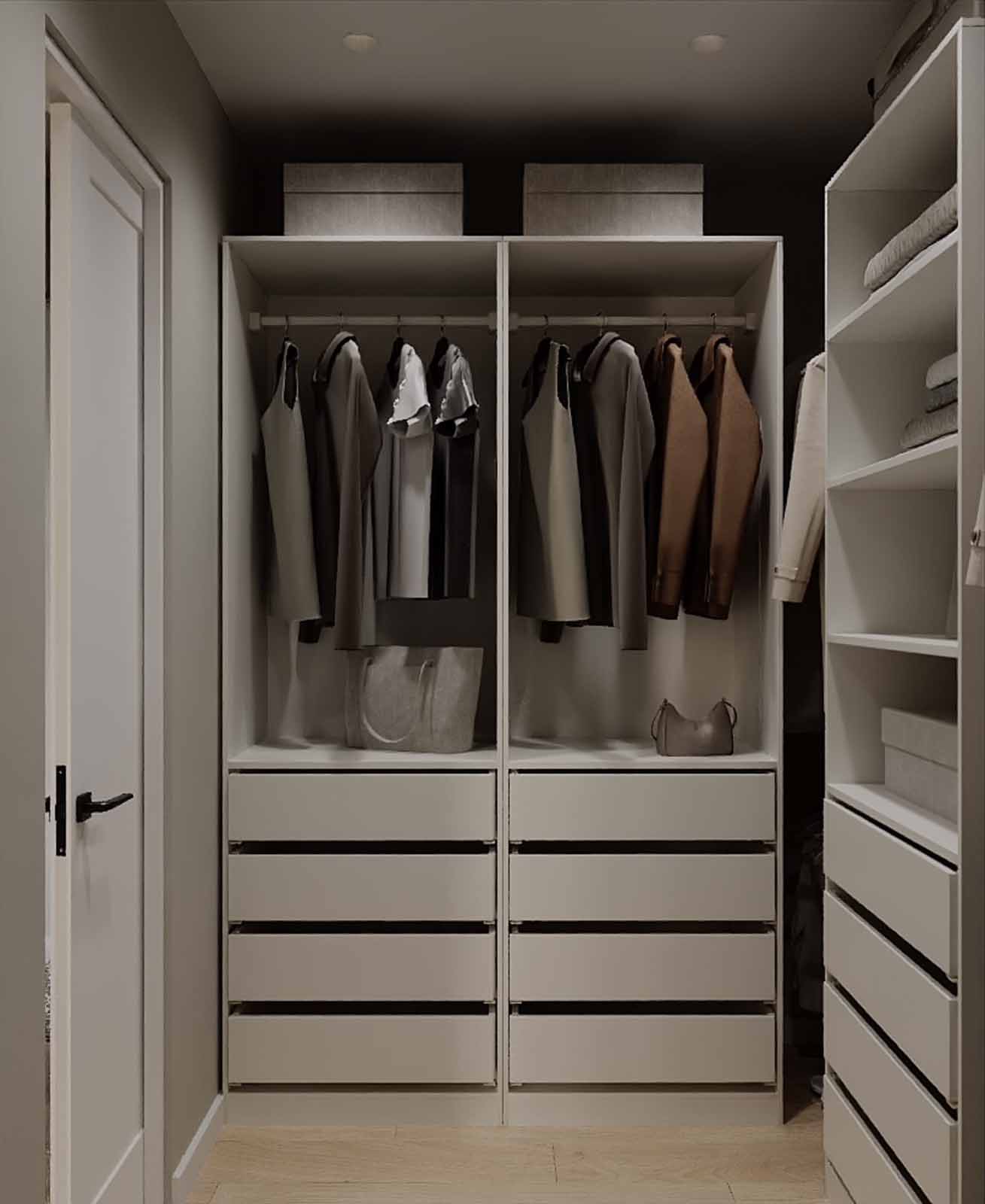 Modern walk-in closet with open storage, integrated drawers, and dark accent ceiling