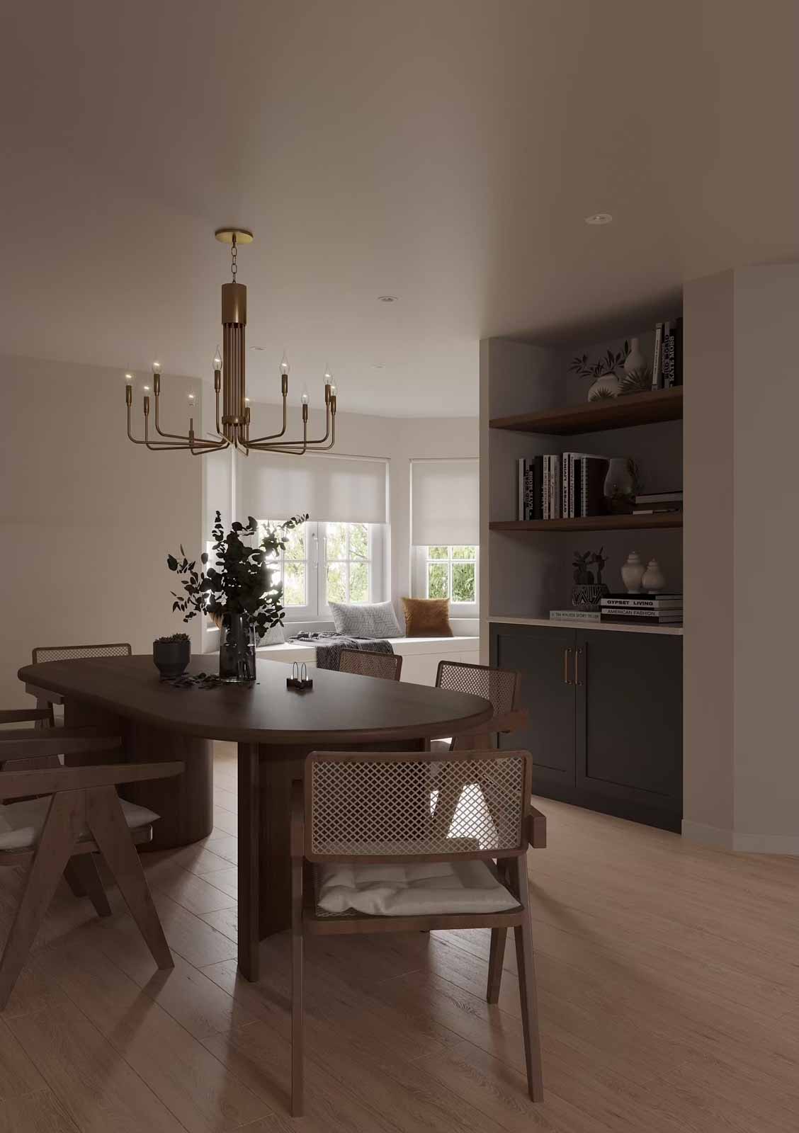 Elegant dining area with walnut oval table, cane chairs, brass chandelier, and window seat nook