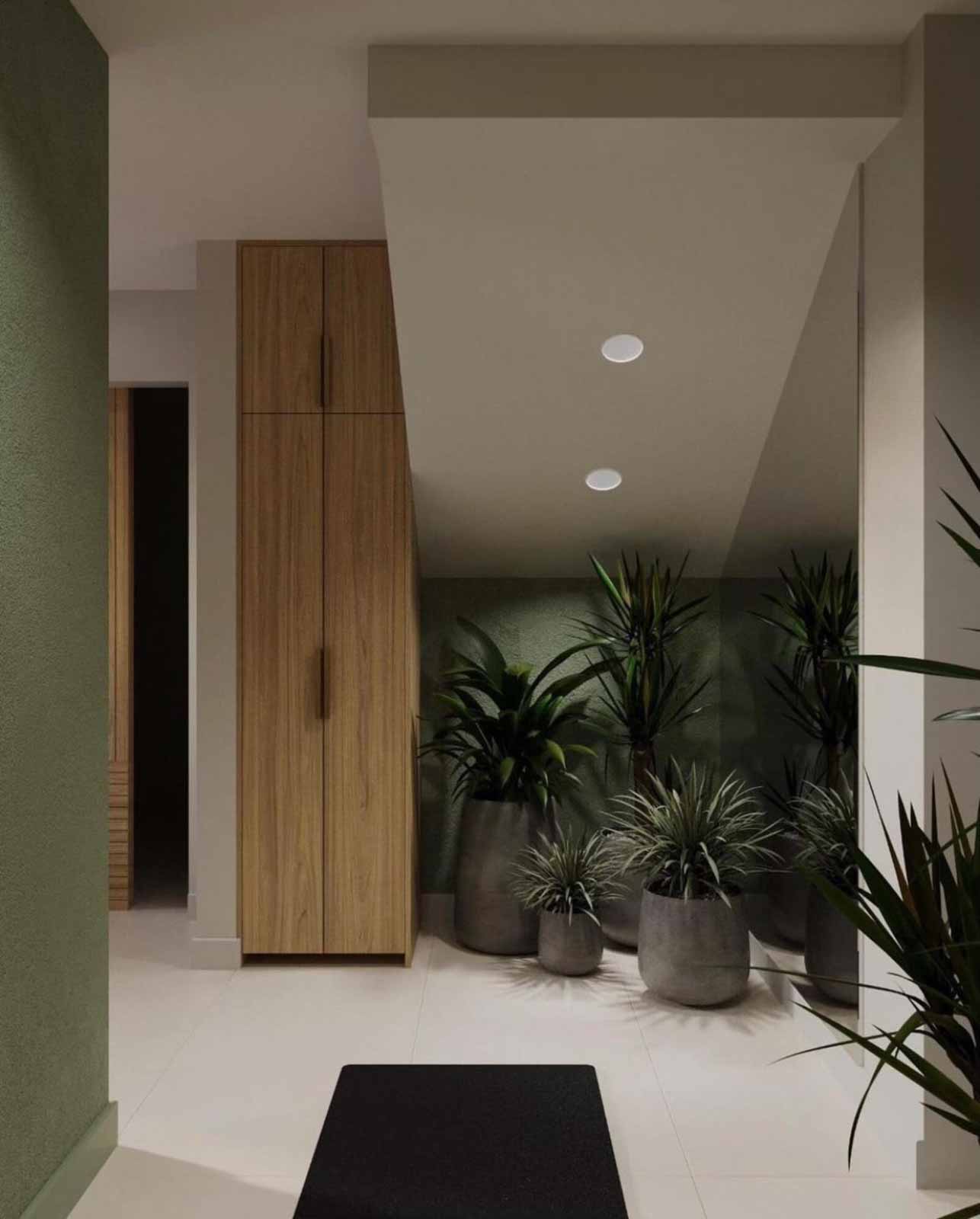 Modern mudroom with tall walnut cabinet, sage green accent wall, and indoor plant arrangement