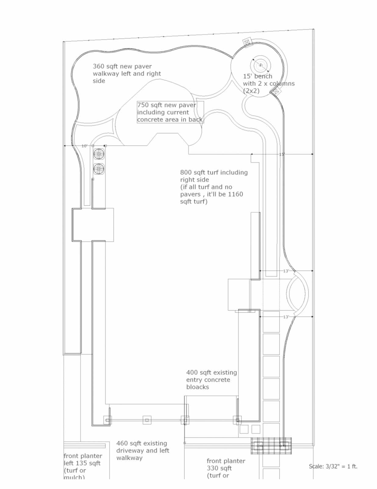 Landscape design floor plan showing paver walkways, turf areas, and outdoor living spaces