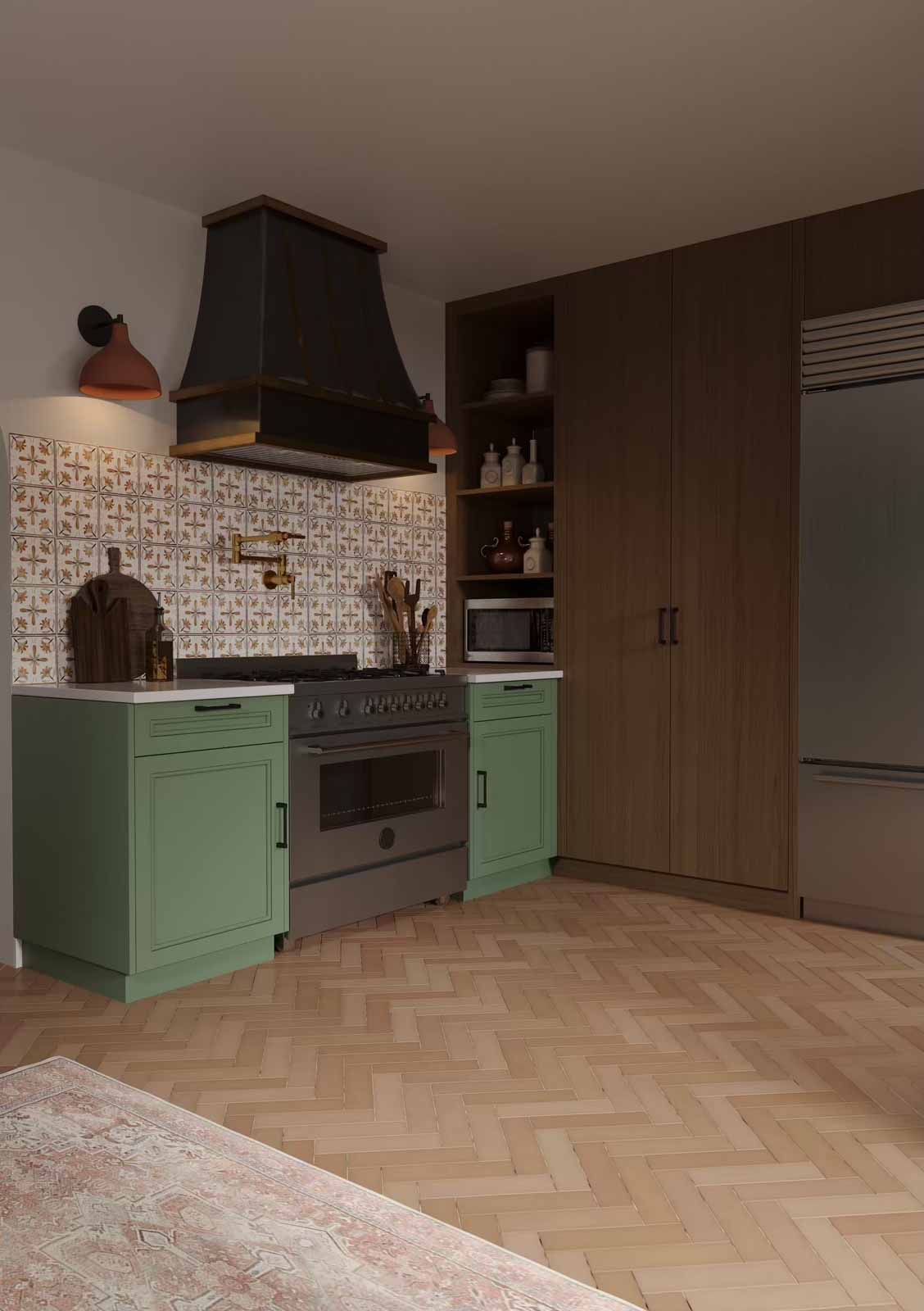 Eclectic kitchen design with green cabinets, professional range, custom hood, and herringbone floors