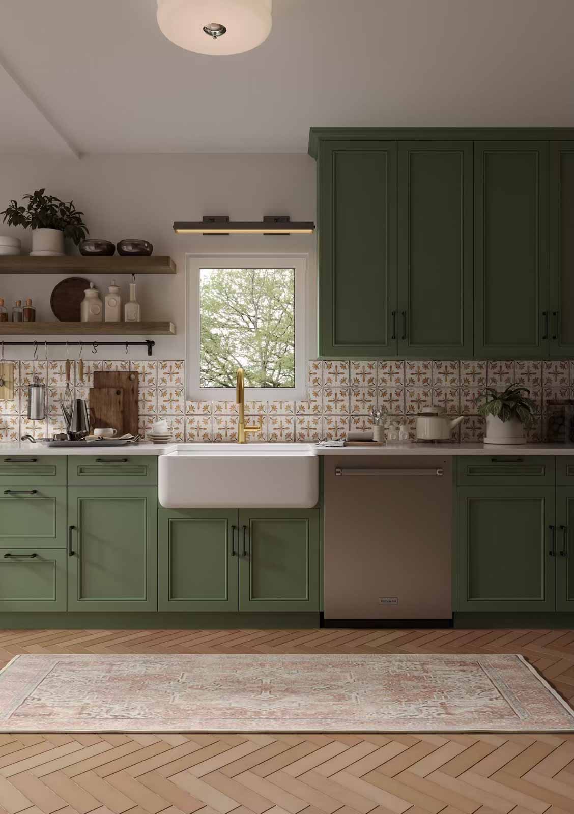Farmhouse kitchen with sage green shaker cabinets, open shelving, and vintage-inspired tile