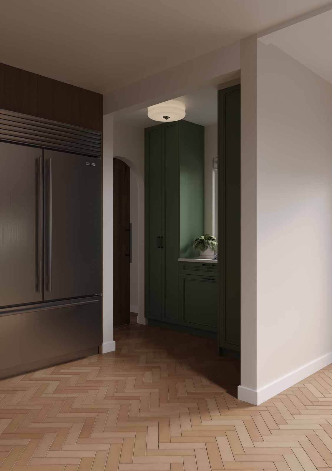 Kitchen hallway with built-in green pantry cabinets, stainless refrigerator, and herringbone floors