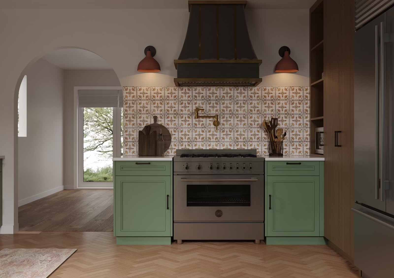 Professional range with custom patina hood, copper sconce lights, and patterned backsplash