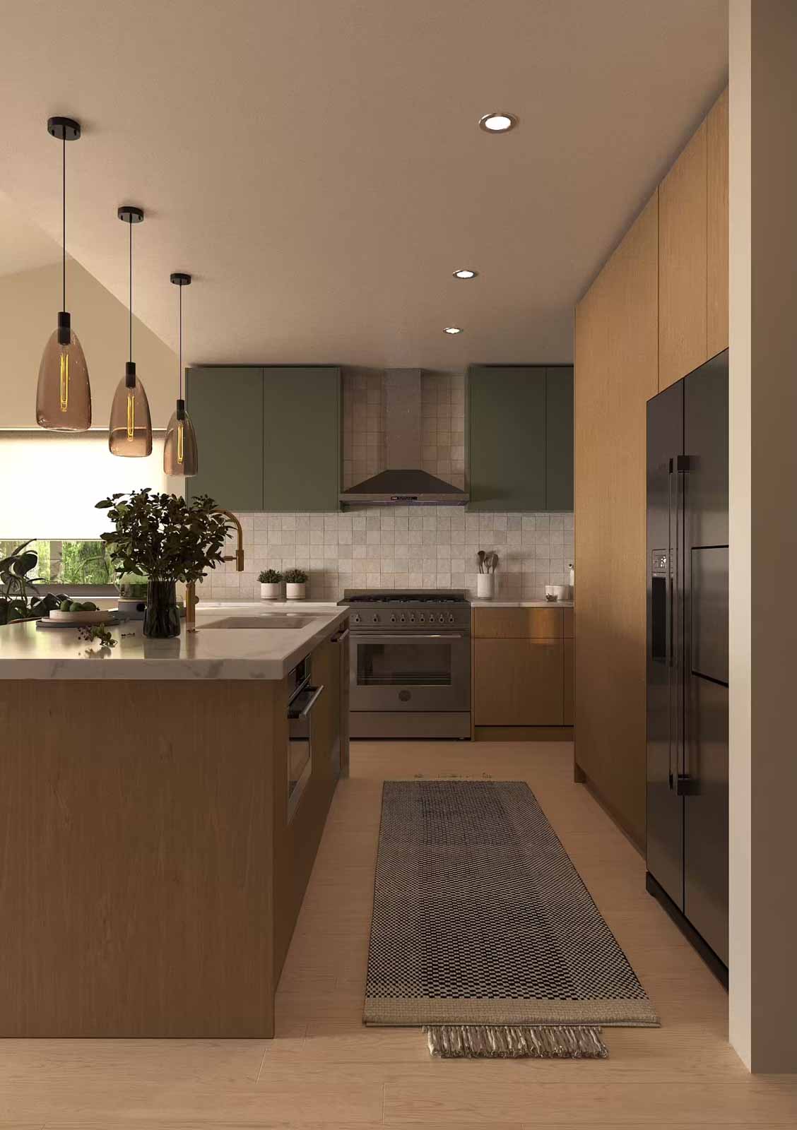 Modern kitchen with sage upper cabinets, oak island, amber pendant lights, and square tile backsplash