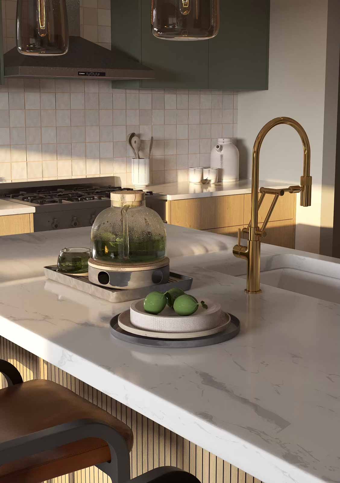 Kitchen island detail with calacatta quartz, brass faucet, and ribbed oak base