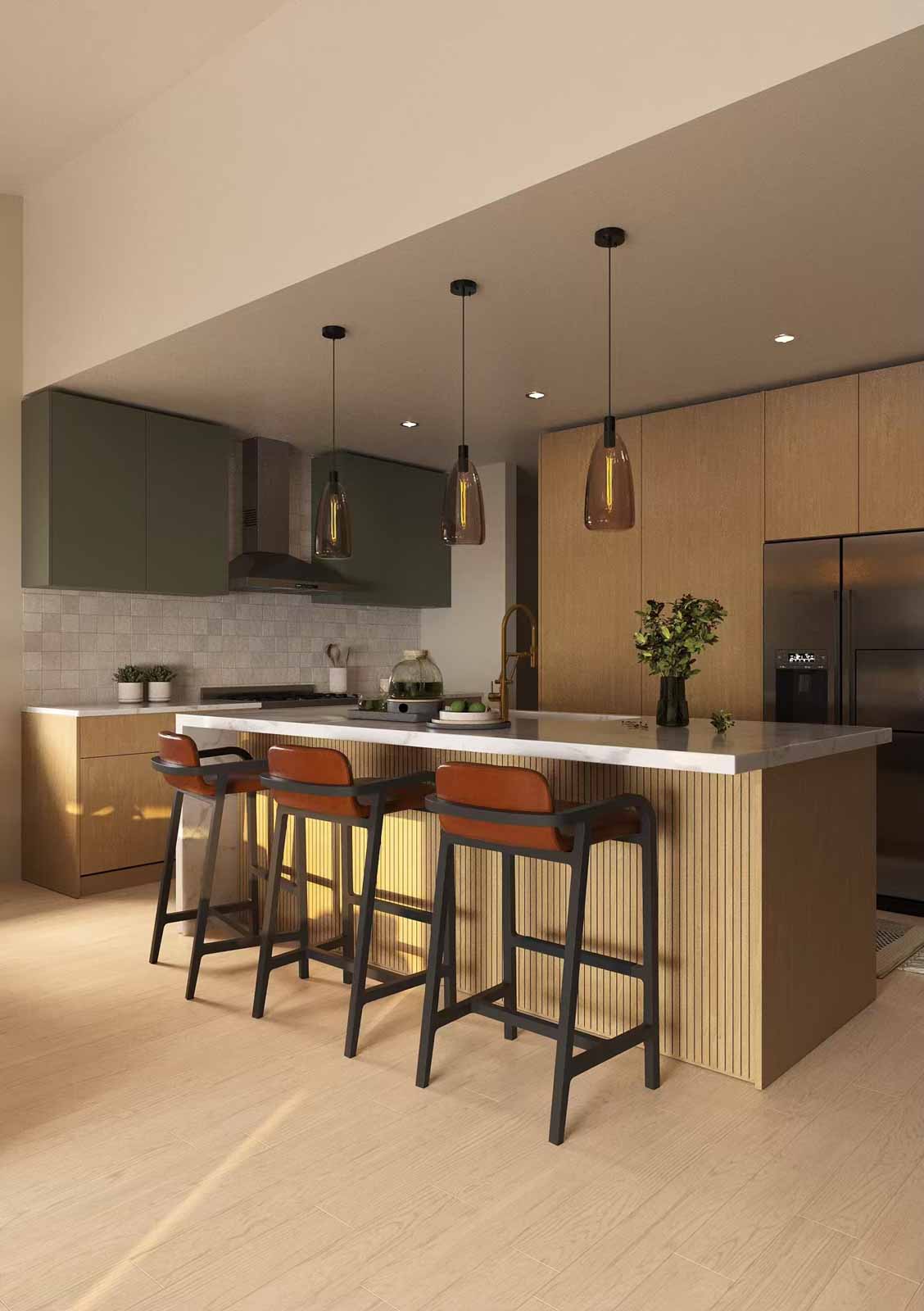 Contemporary kitchen with sage cabinets, oak island, amber pendants, and leather bar stools