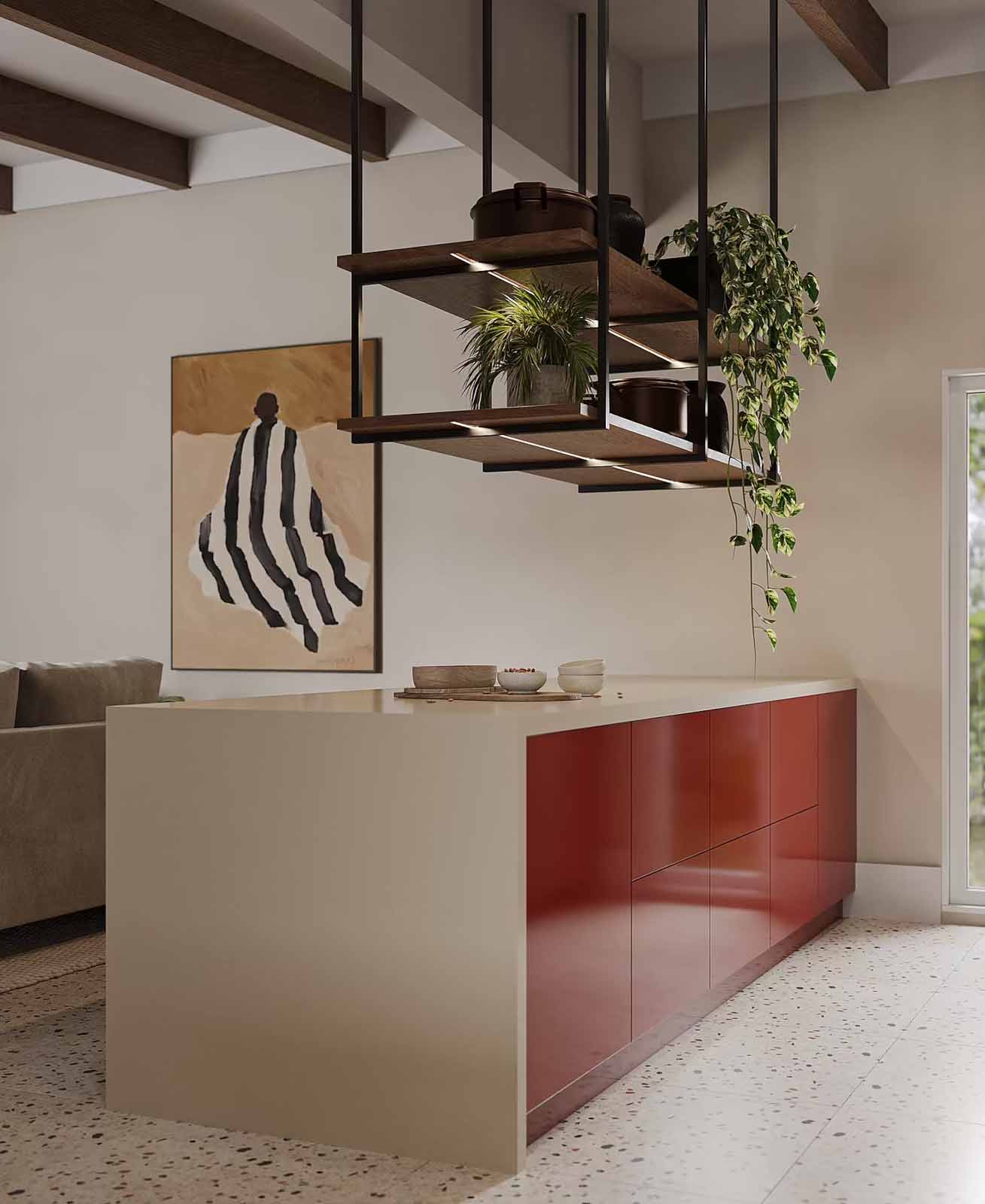 Modern kitchen island with cream and terracotta two-tone design, suspended wood shelving