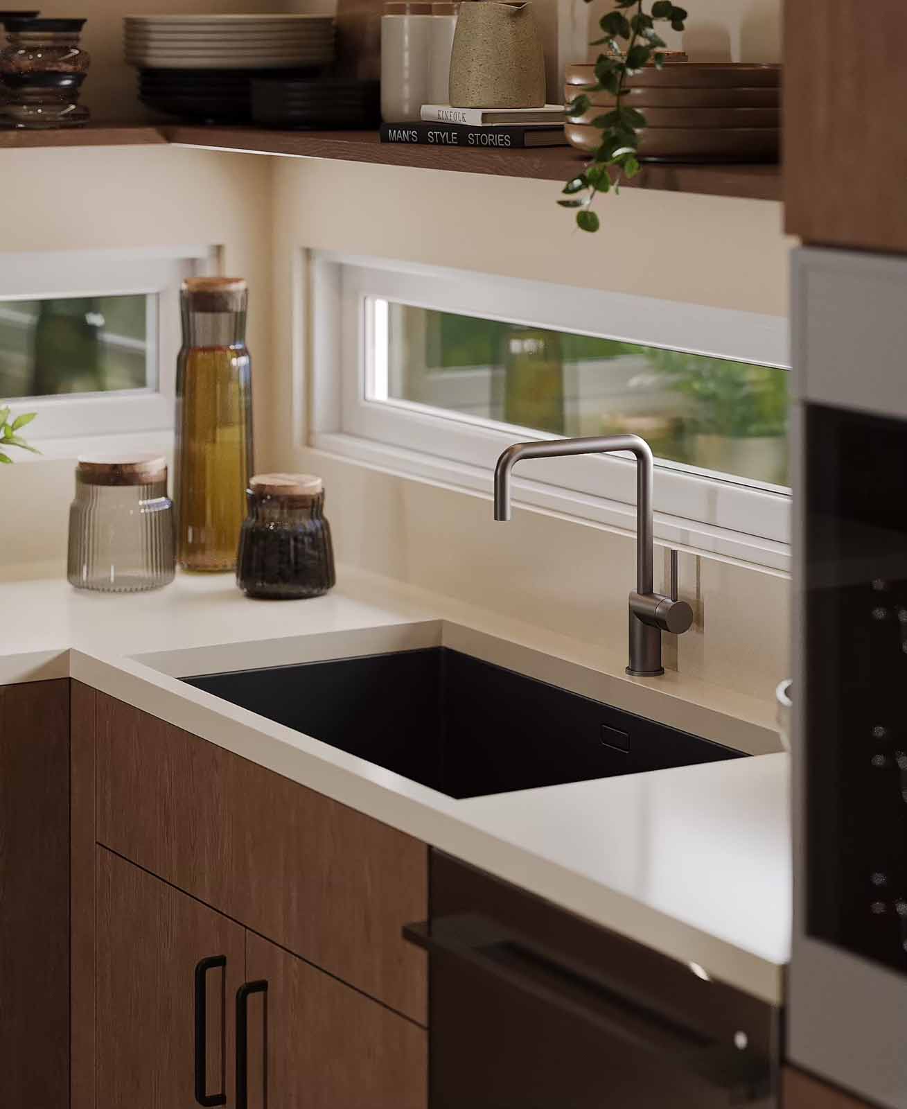 Kitchen sink area with walnut cabinets, black undermount sink, and horizontal window