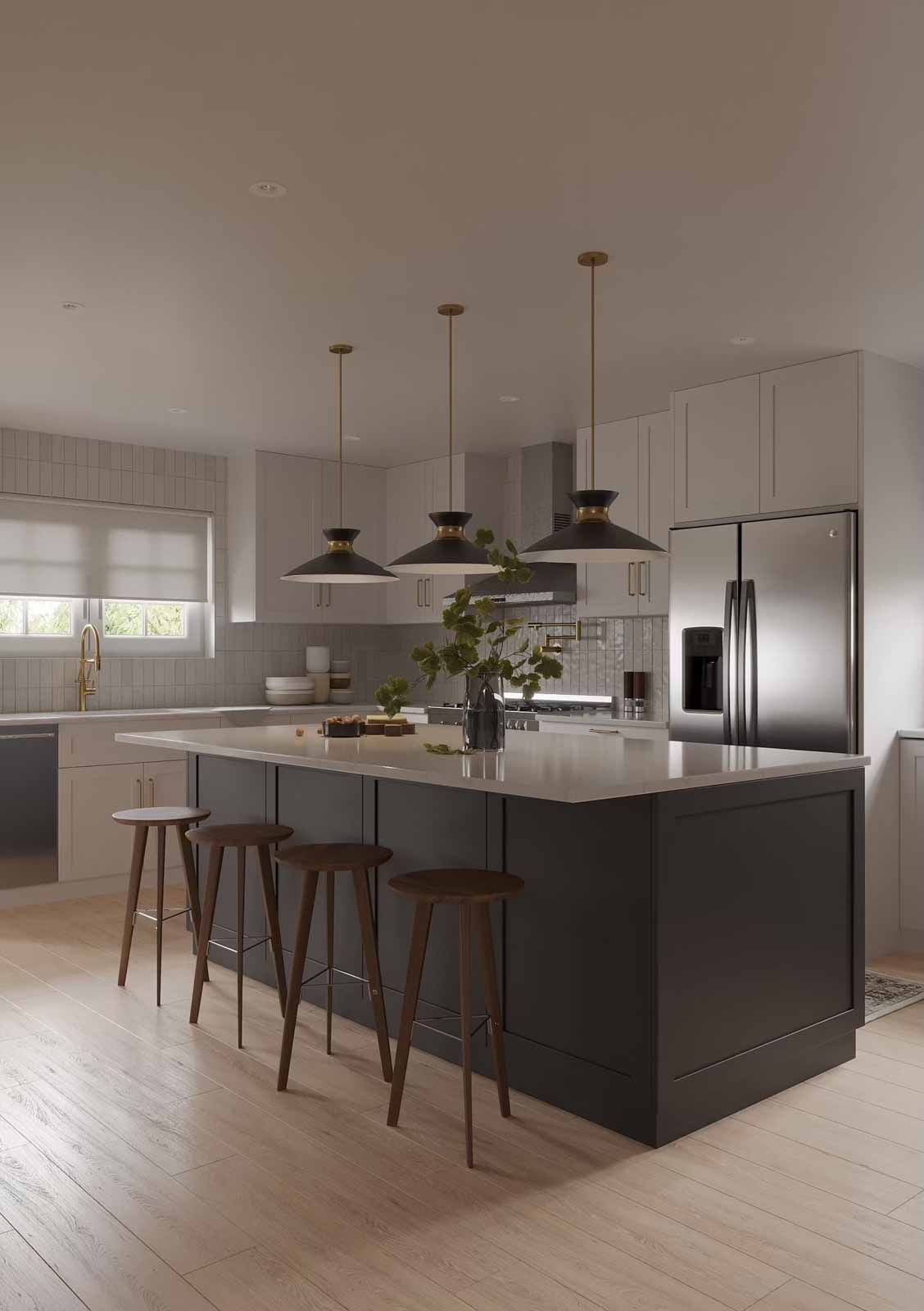 Two-tone kitchen with charcoal island, cream shaker cabinets, and modern black pendant lights