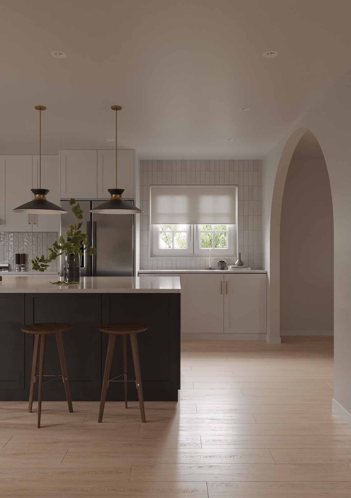 Transitional kitchen with charcoal island, white tile backsplash, and arched doorway detail