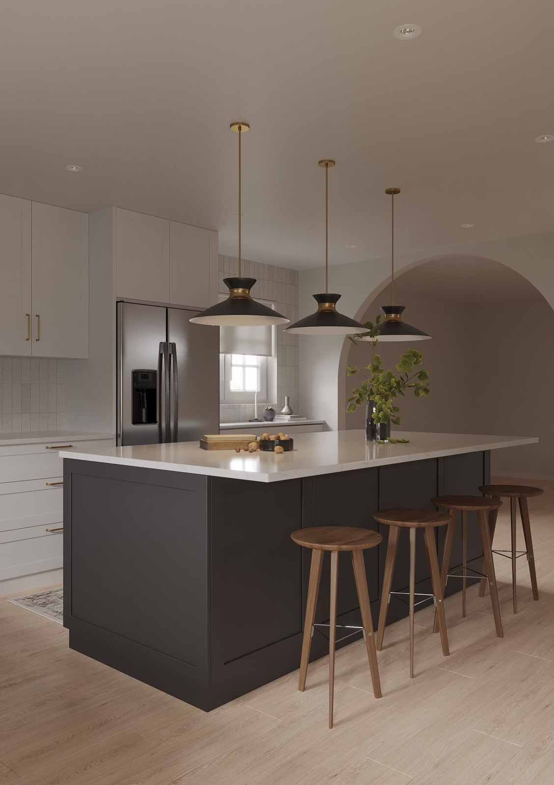 Contemporary kitchen featuring charcoal island, walnut stools, and three black pendant lights