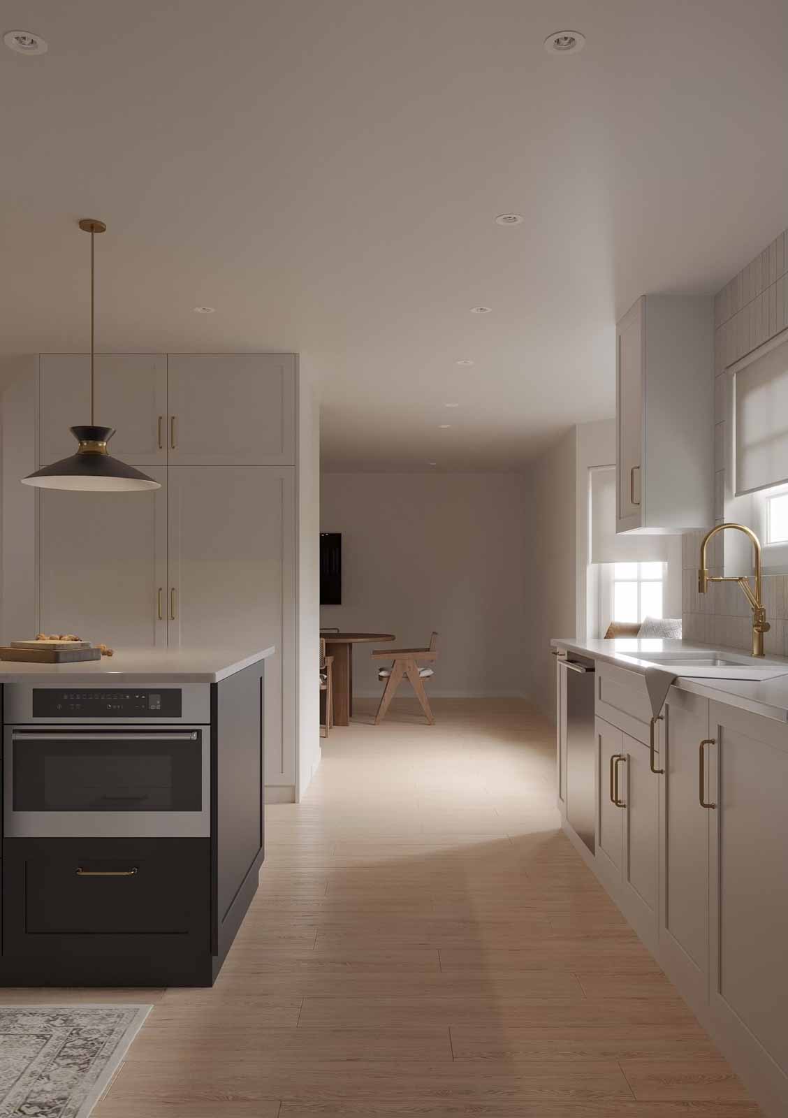 Kitchen workflow with charcoal island oven, cream cabinets, gold faucet, and dining view