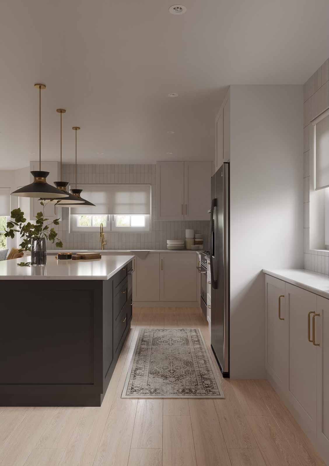 Bright kitchen with charcoal island, cream cabinets, vertical tile backsplash, and vintage runner