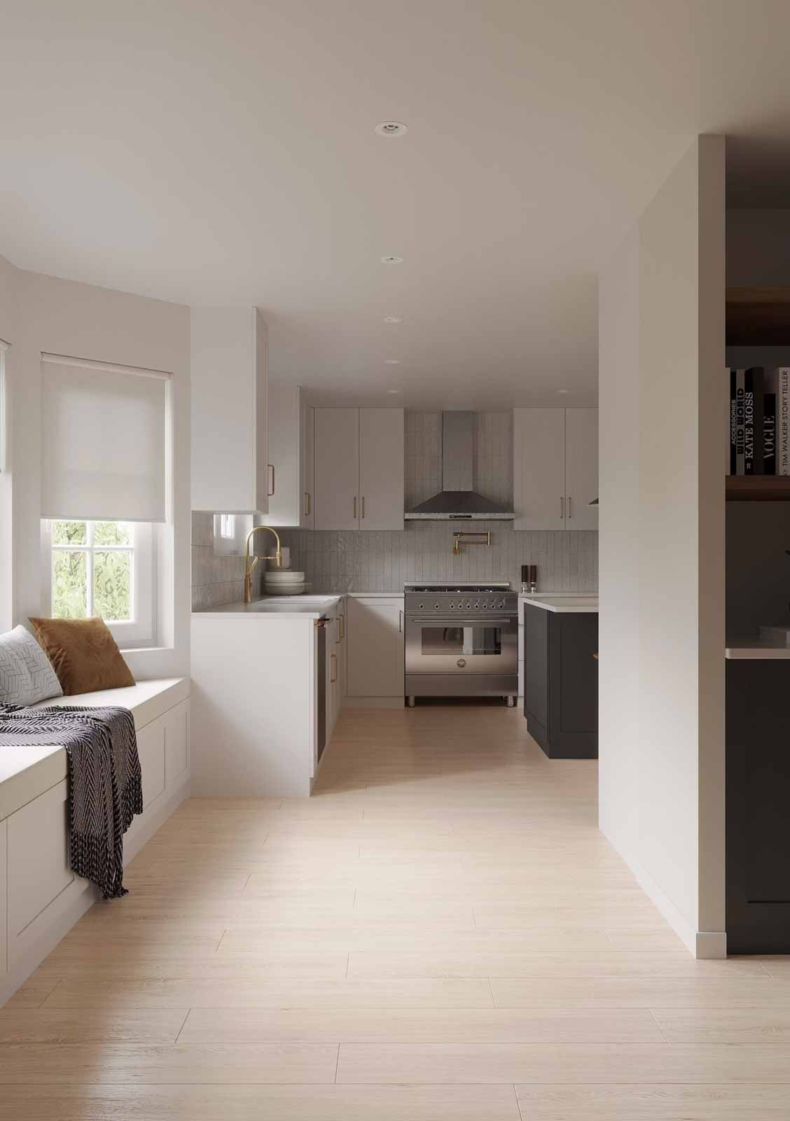 Neutral kitchen with cream cabinets, charcoal island, window seat nook, and professional range