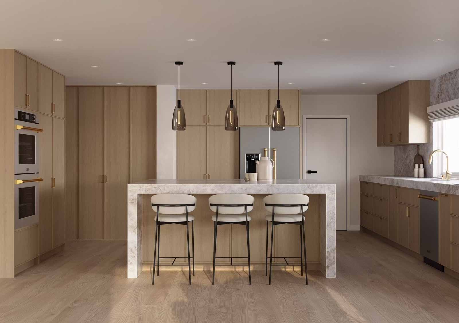 Natural oak kitchen with marble waterfall island, cream bar stools, and smoky pendant lights
