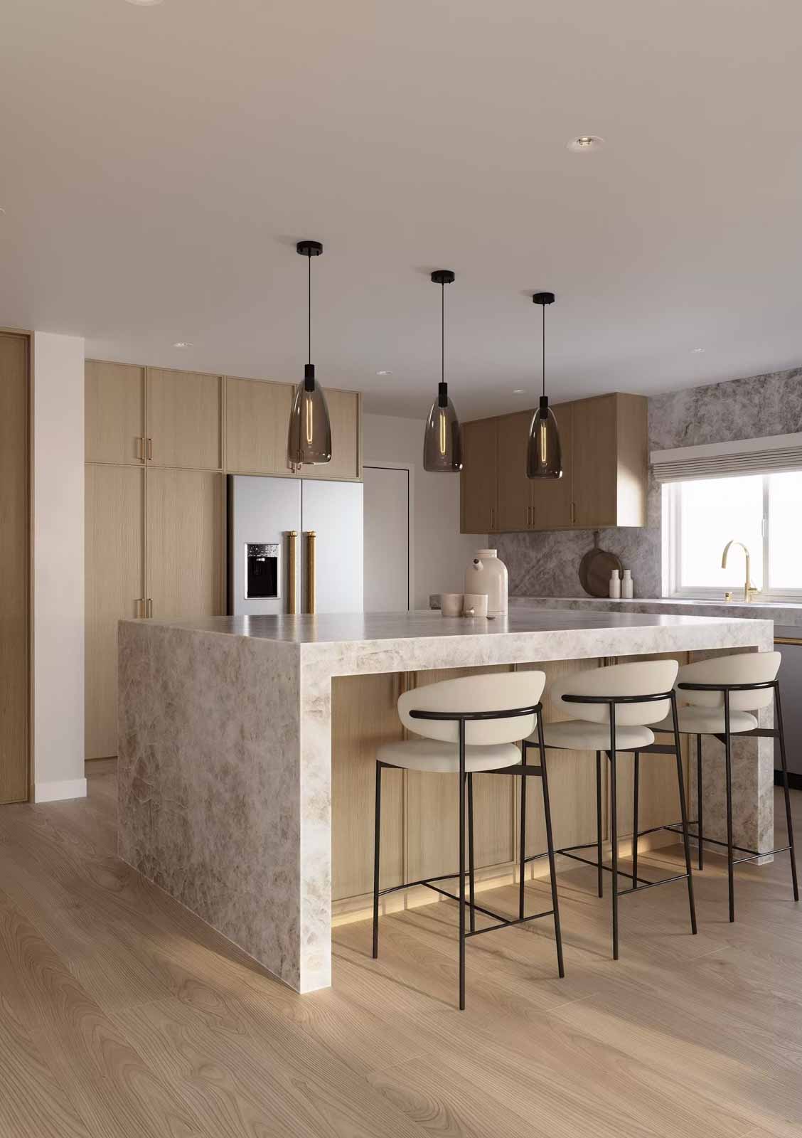 Warm oak kitchen with thick marble island, cream stools, and grey marble backsplash