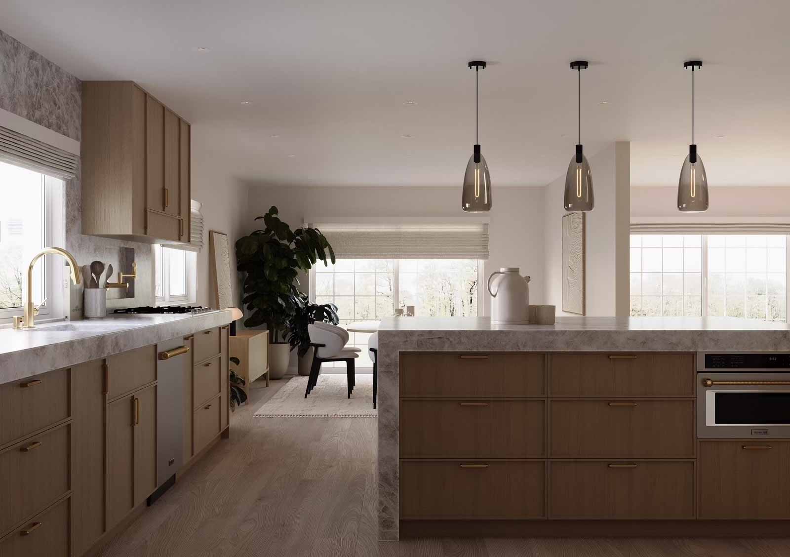 Spacious oak kitchen with marble counters, gold fixtures, fiddle leaf fig, and panoramic windows