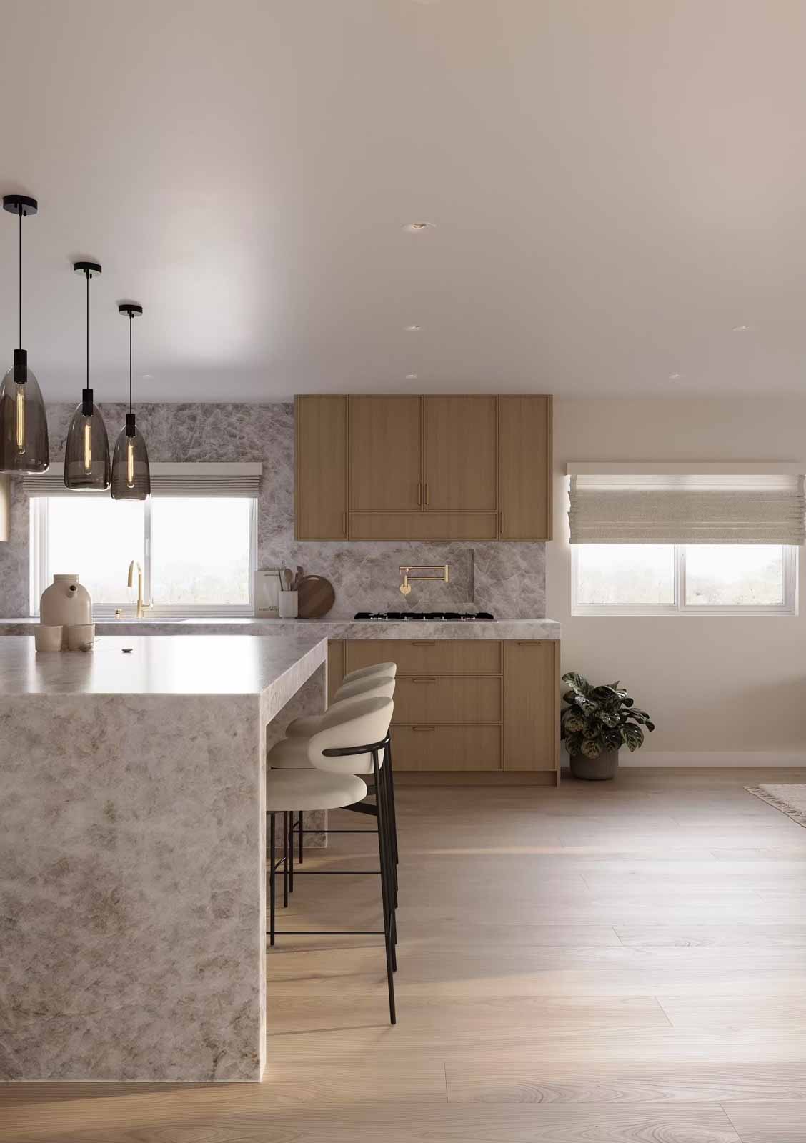 Minimalist oak kitchen with grey marble waterfall island, cream stools, and natural light
