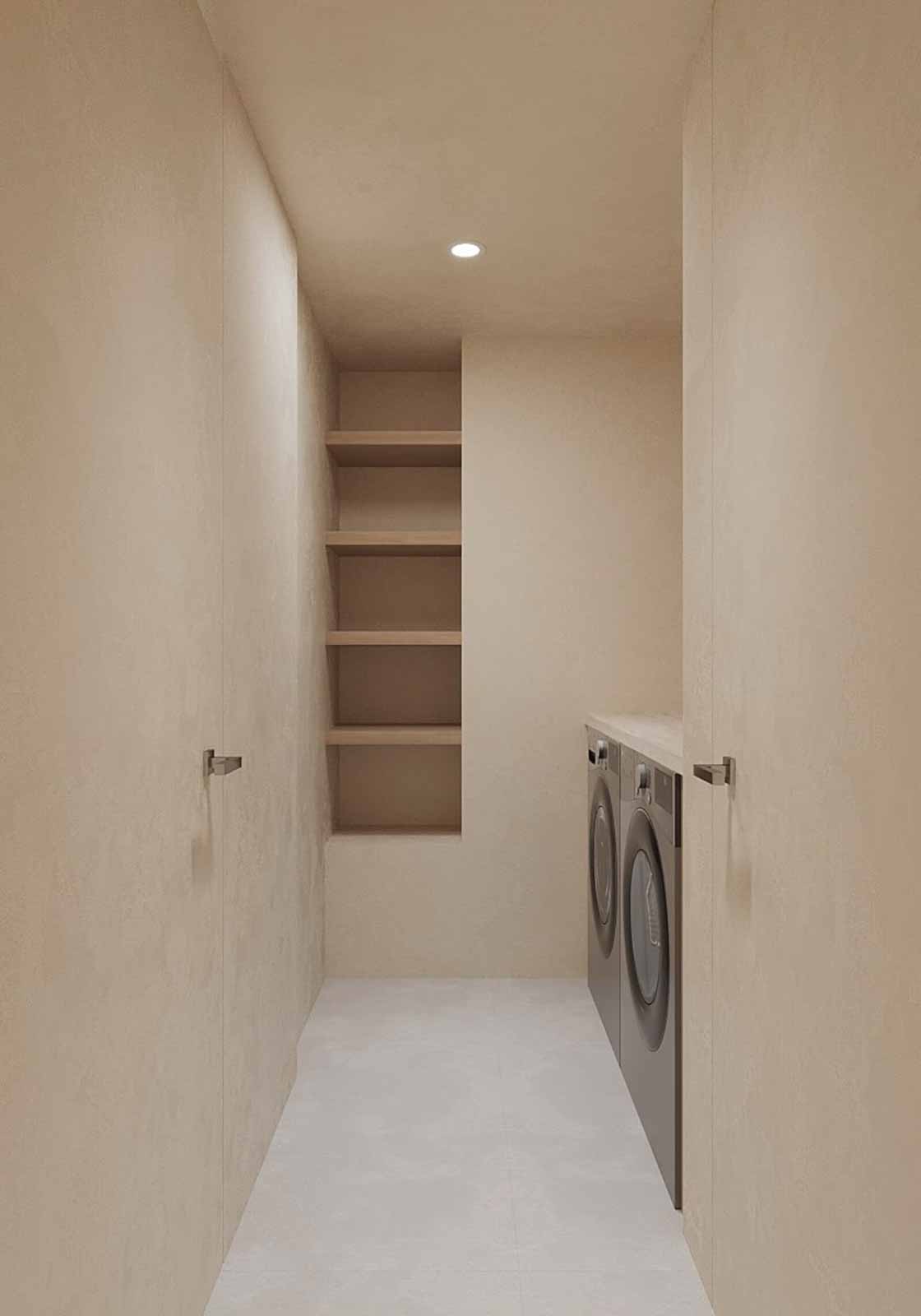 Modern laundry room with stacked washer dryer, floating shelves, and textured walls