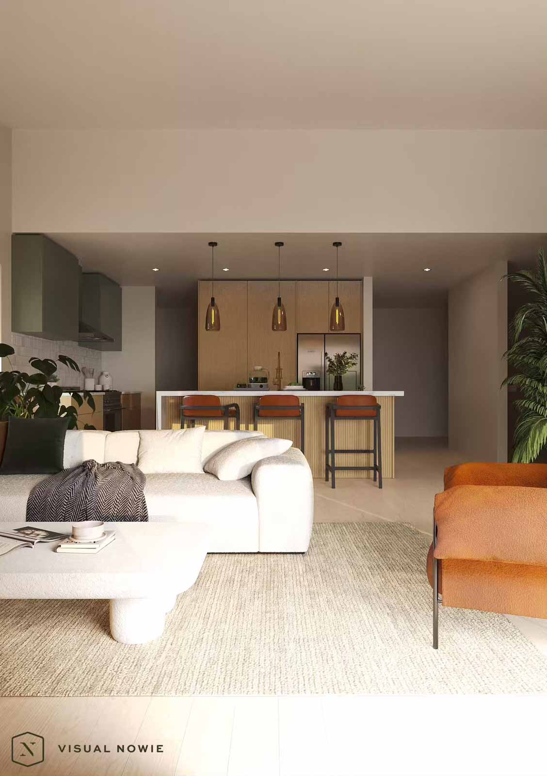 Open concept living room with cream boucle sofa, terracotta accent chair, and kitchen view