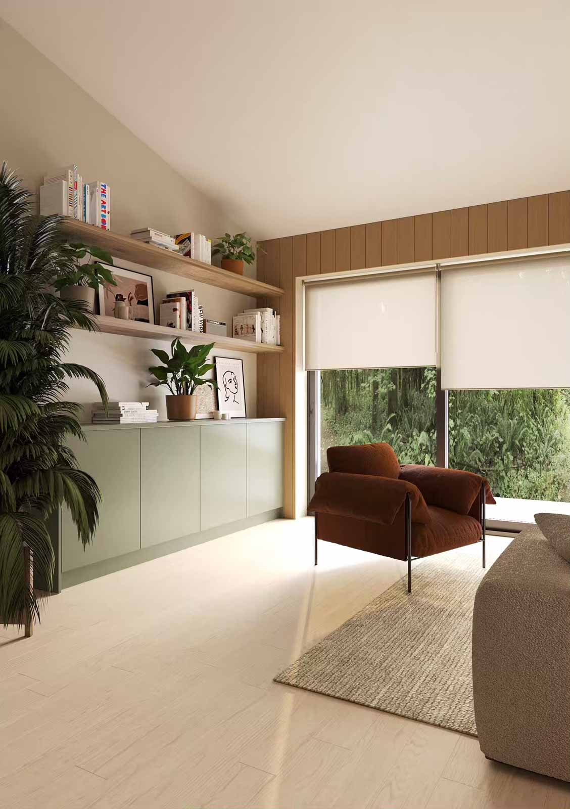 Modern reading nook with sage floating cabinets, oak shelving, and rust velvet armchair