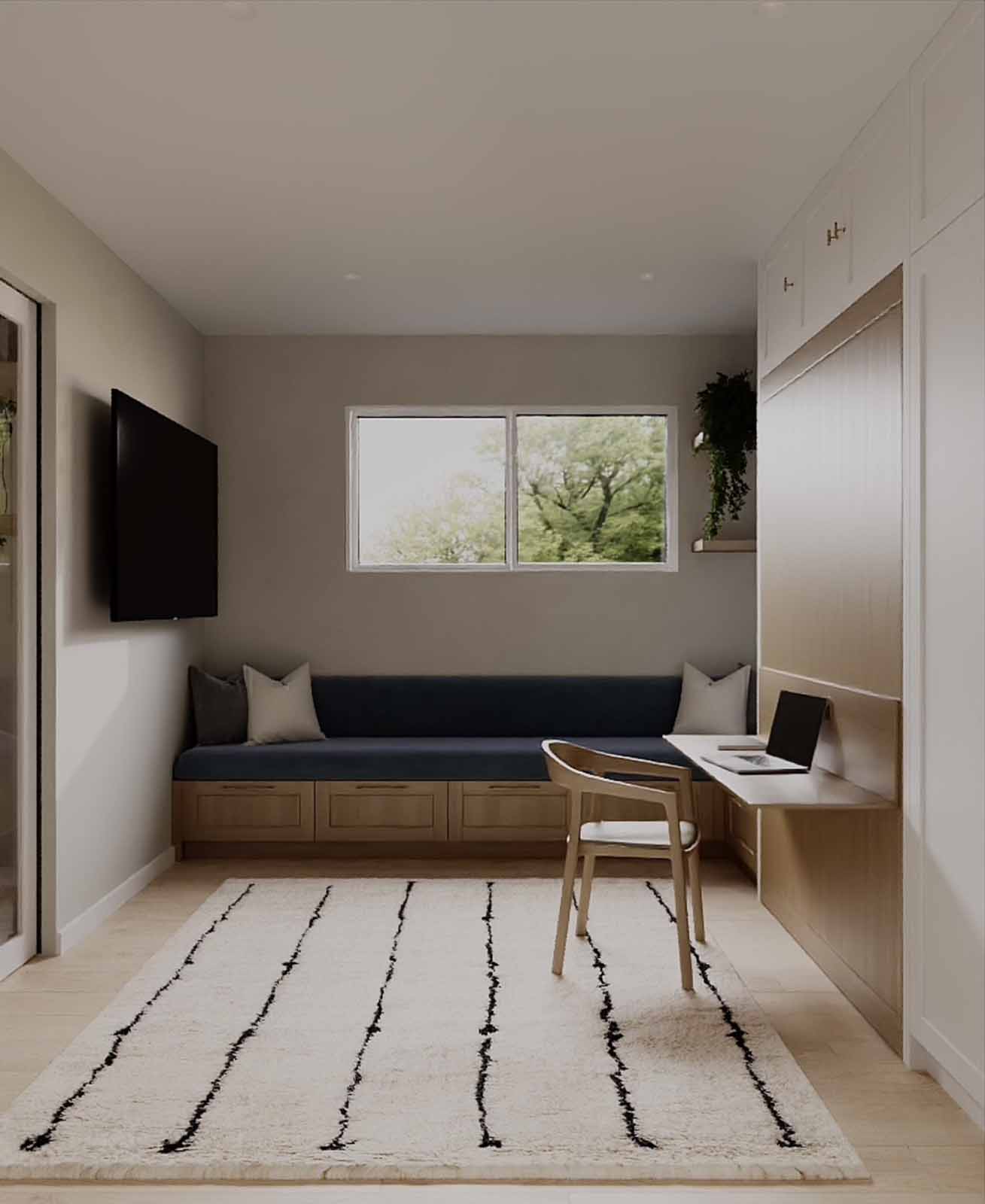 Modern home office with built-in window seat, floating desk, and Murphy bed system
