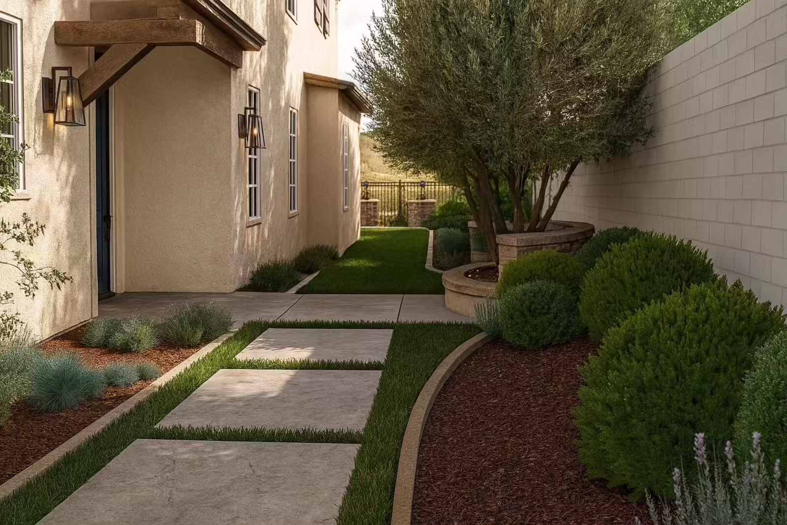 Mediterranean side yard with concrete stepping stones, olive tree, and drought-tolerant landscaping