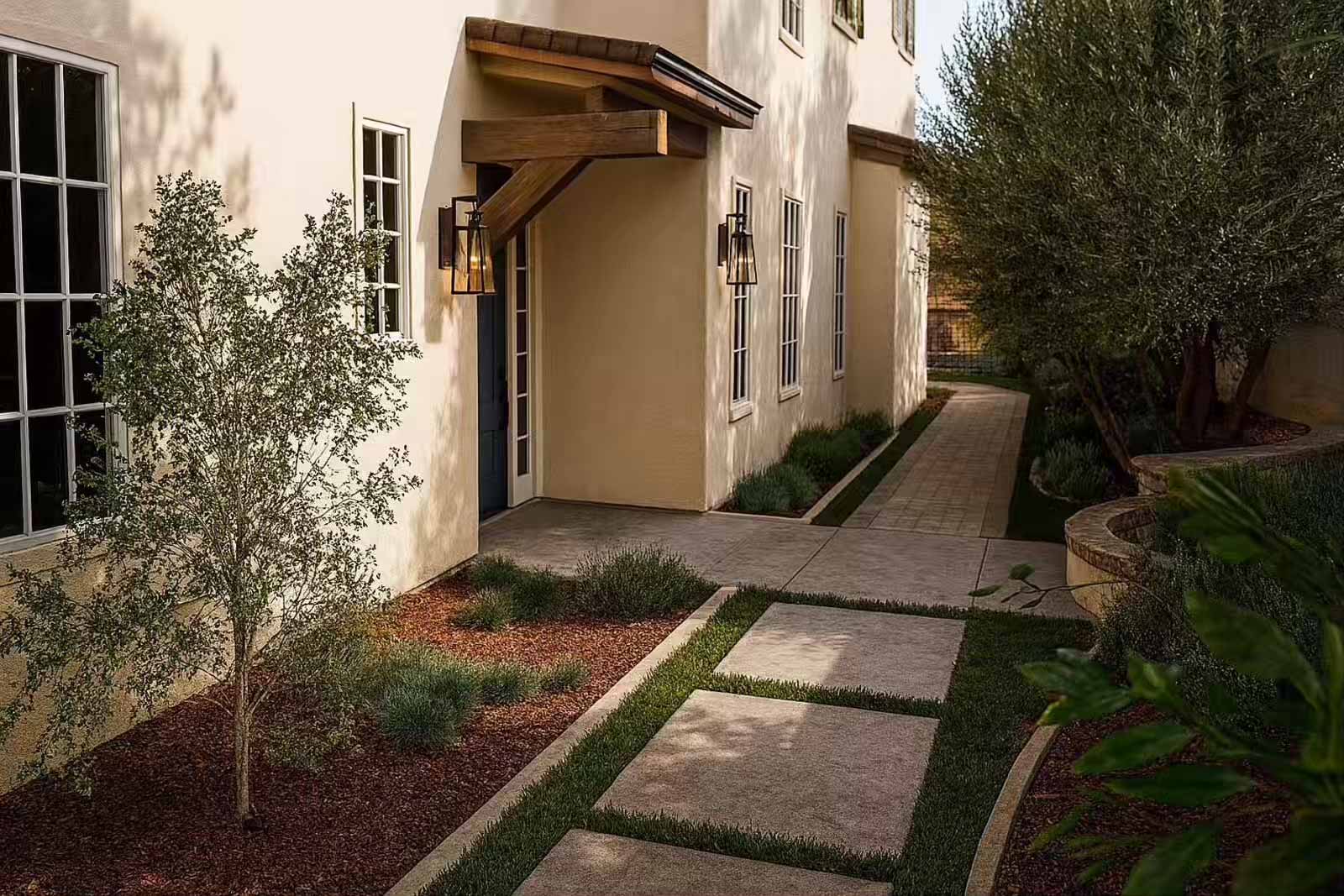 Spanish-style entry with wood bracket awning, stepping stone path, and olive tree accent