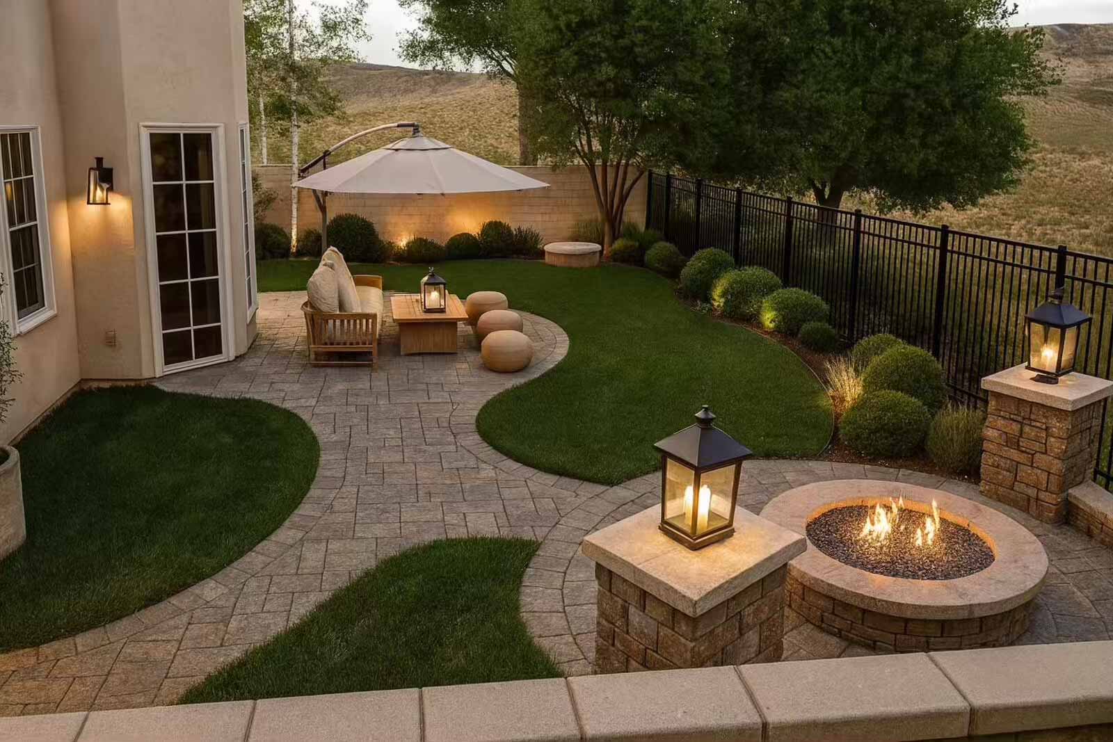 Backyard patio at dusk with curved lawn, stone fire pit, lantern pillars, and hillside views