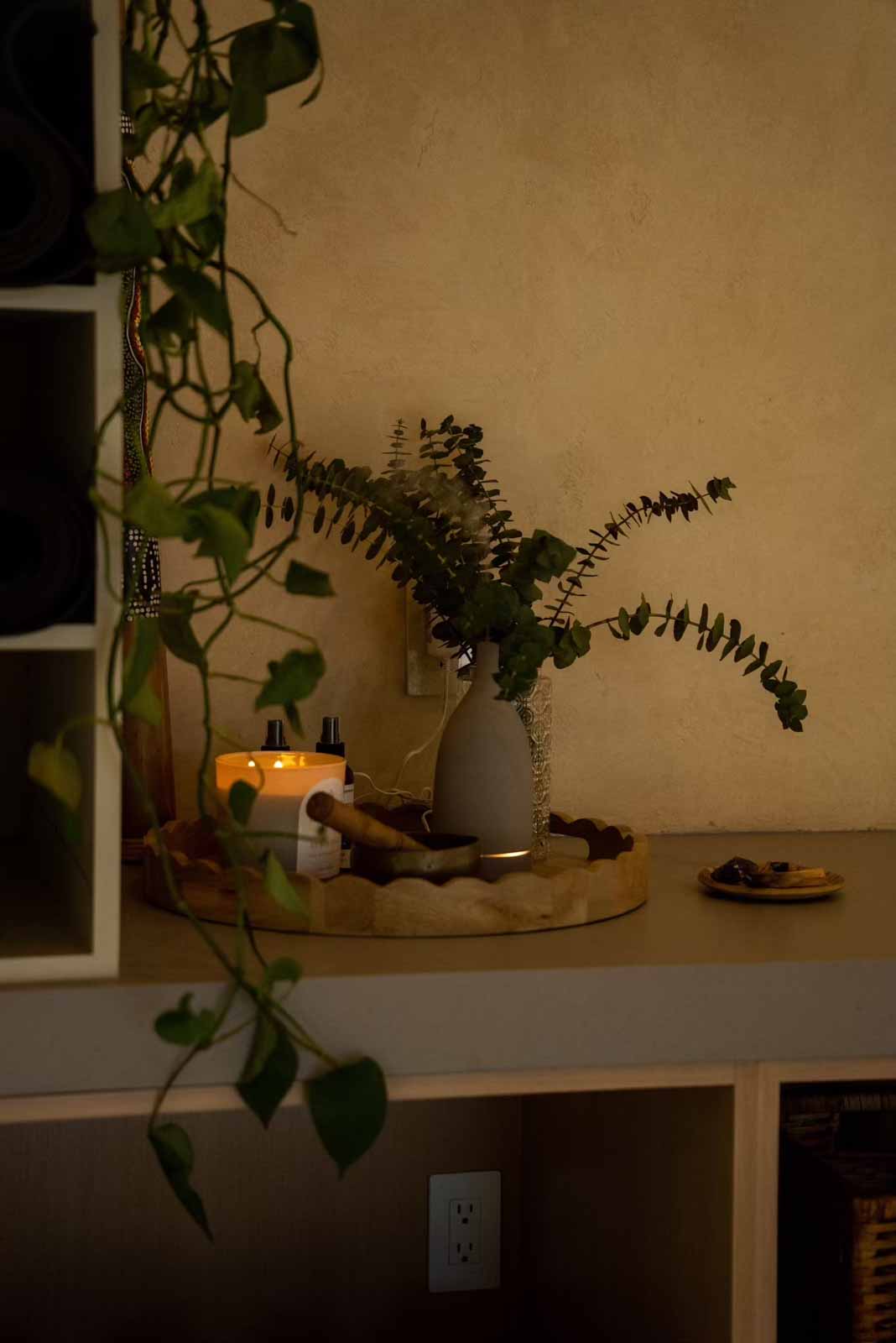 Decorative shelf with eucalyptus, candle, and plants creating zen atmosphere
