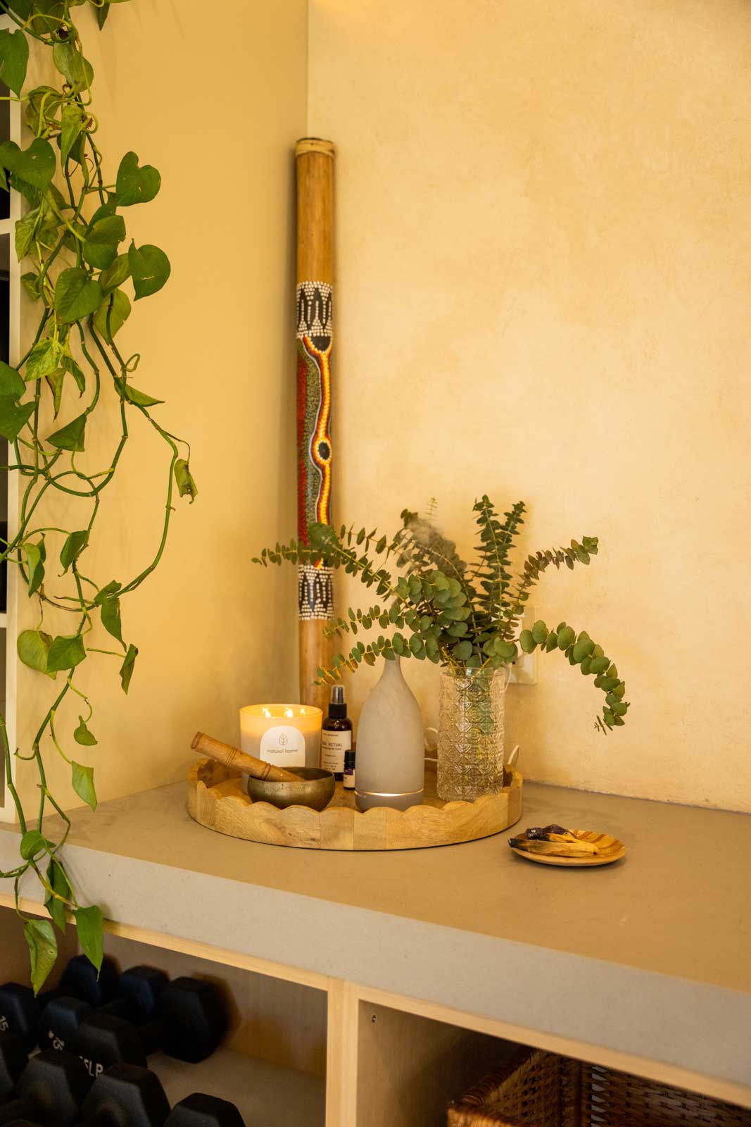 Los Angeles ADU wellness decor with essential oil diffuser, plants, and natural materials showcasing thoughtful health-focused design