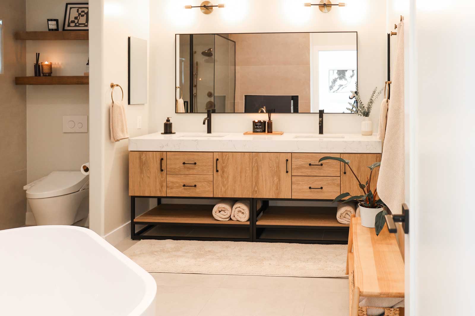 Contemporary Burbank bathroom remodel with modern chrome fixtures, floating vanity, and sophisticated subway tile work