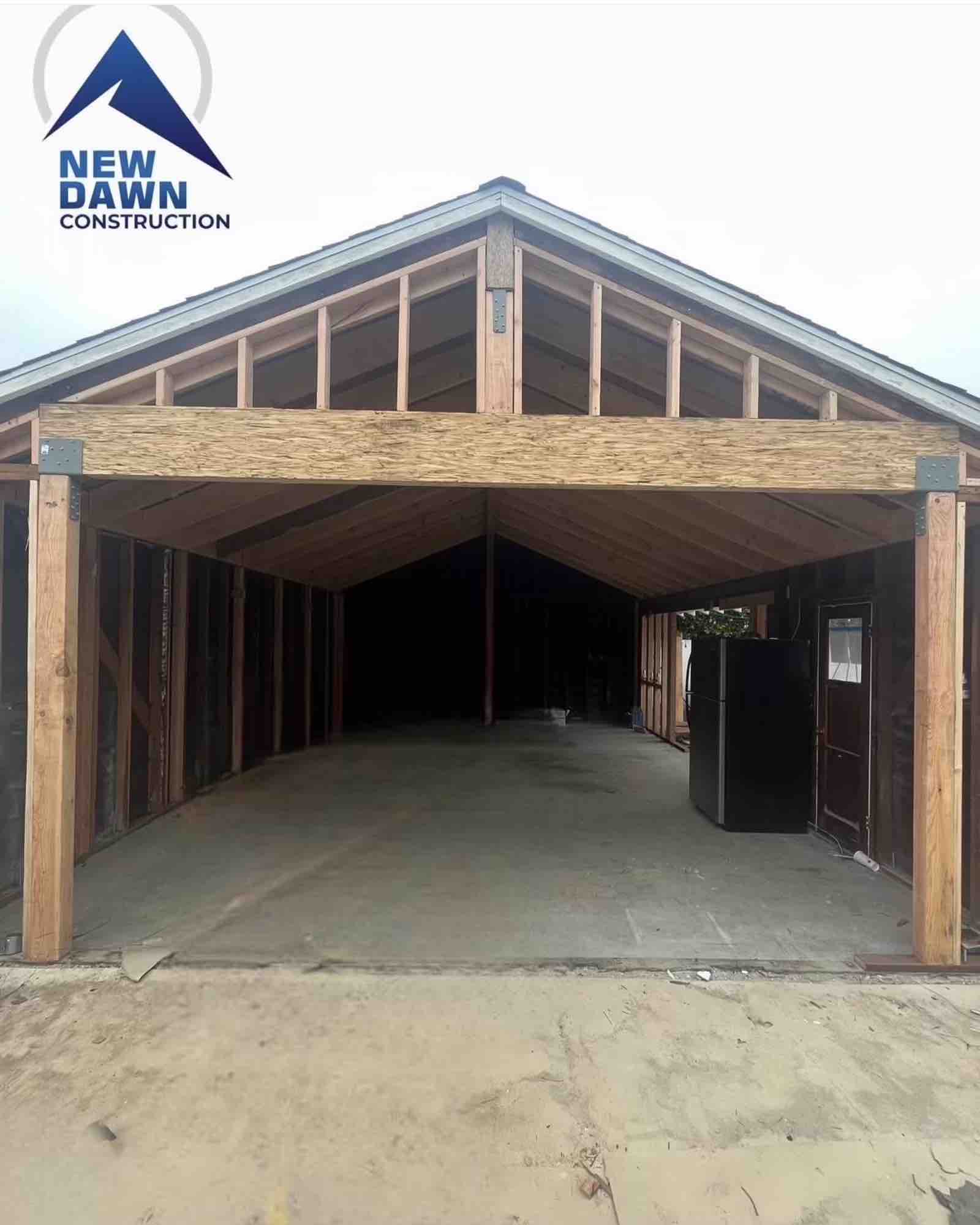 Gable roof structure Los Angeles room addition with OSB sheathing and wood post columns